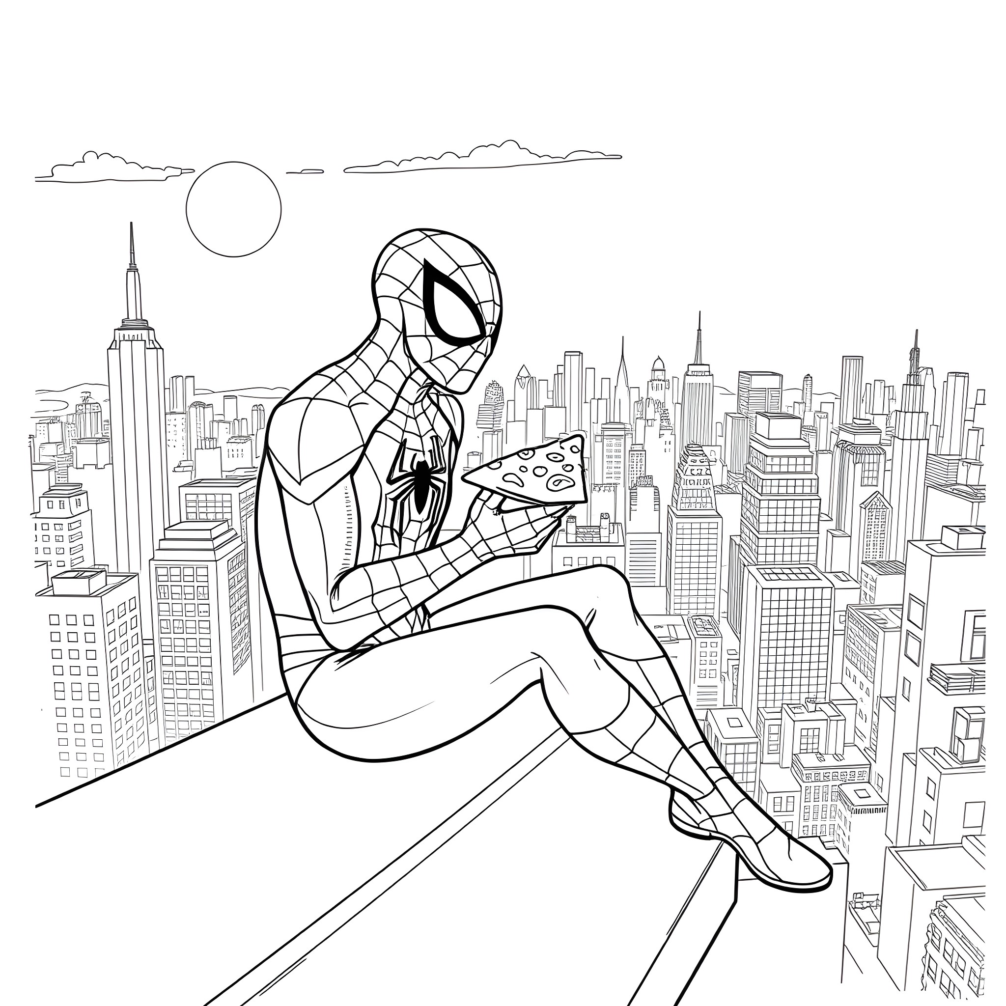 Spiderman sitting on the edge of a skyscraper Coloring Page (free black-and-white line drawing printable PDF for all, from beginners to advanced learners, including children, teens, adults, and seniors)
