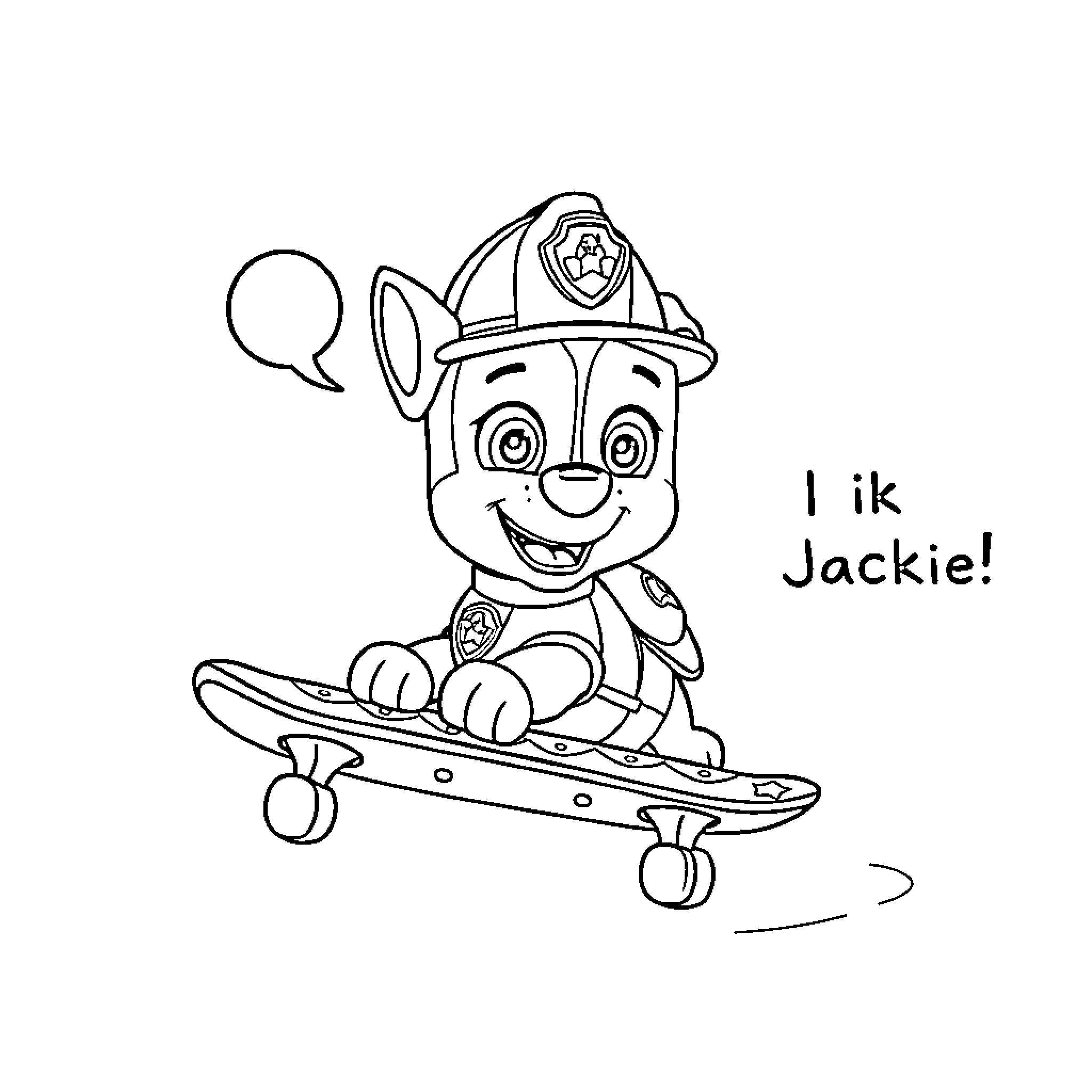 Paw Patrol firefighter pup on skateboard Coloring Page (free black-and-white line drawing printable PDF for all, from beginners to advanced learners, including children, teens, adults, and seniors)
