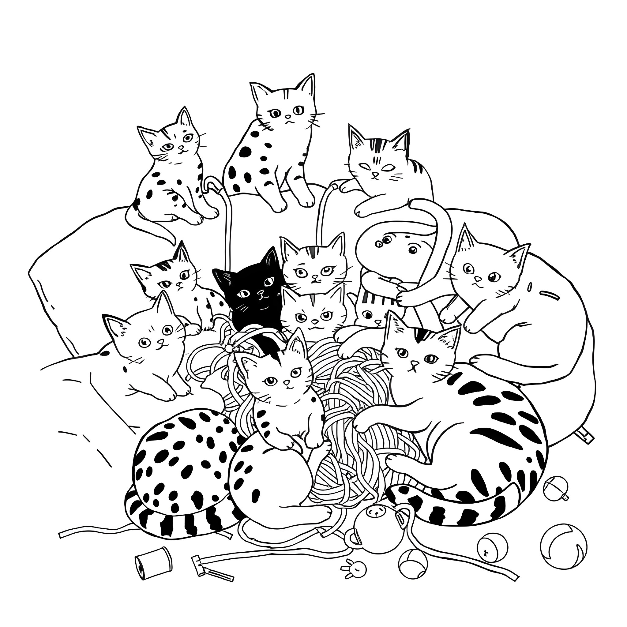 Cat family gathering in a playful scene Coloring Page (free black-and-white line drawing printable PDF for all, from beginners to advanced learners, including children, teens, adults, and seniors)