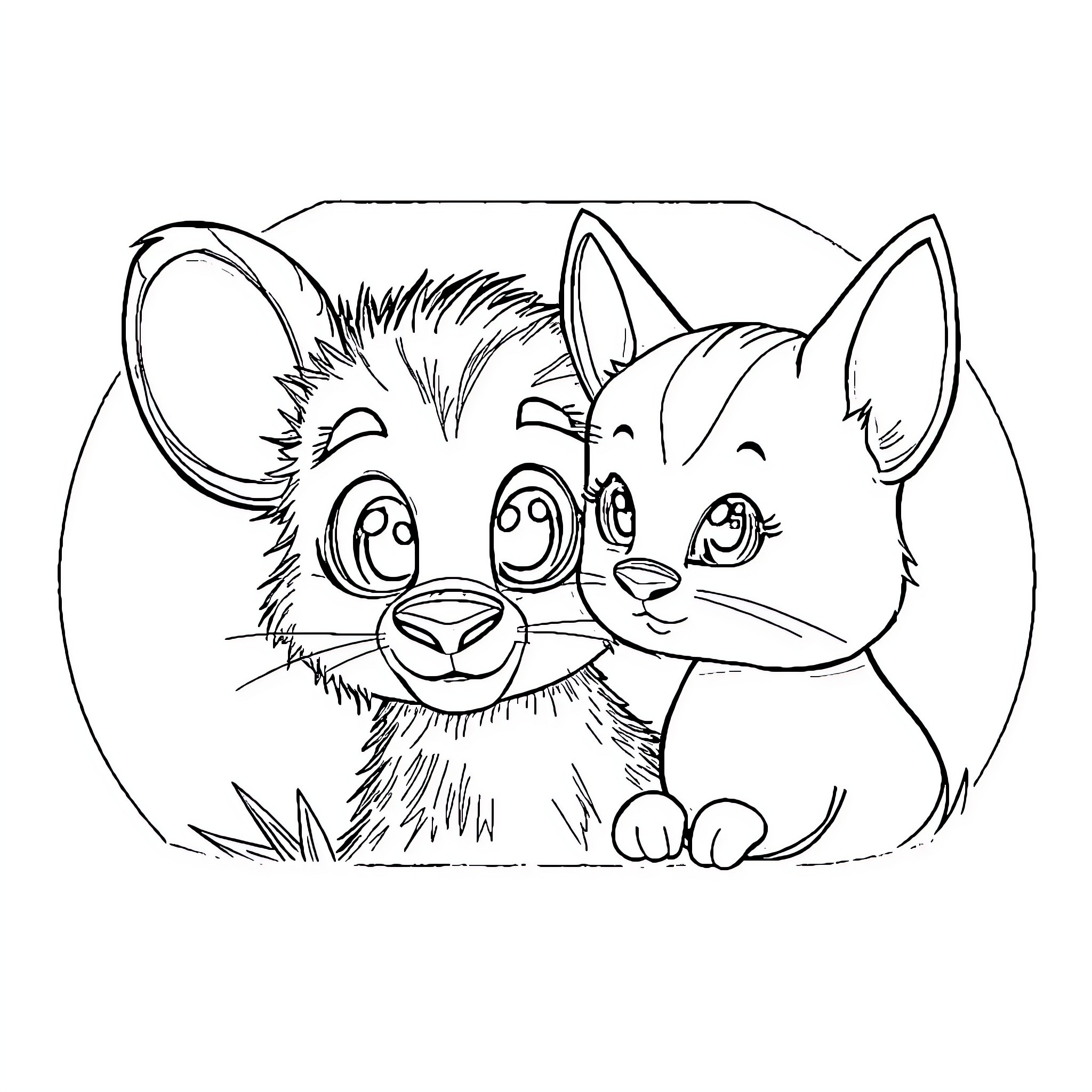 Muñeco adorable de zorro con amigo Coloring Page (free black-and-white line drawing printable PDF for all, from beginners to advanced learners, including children, teens, adults, and seniors)