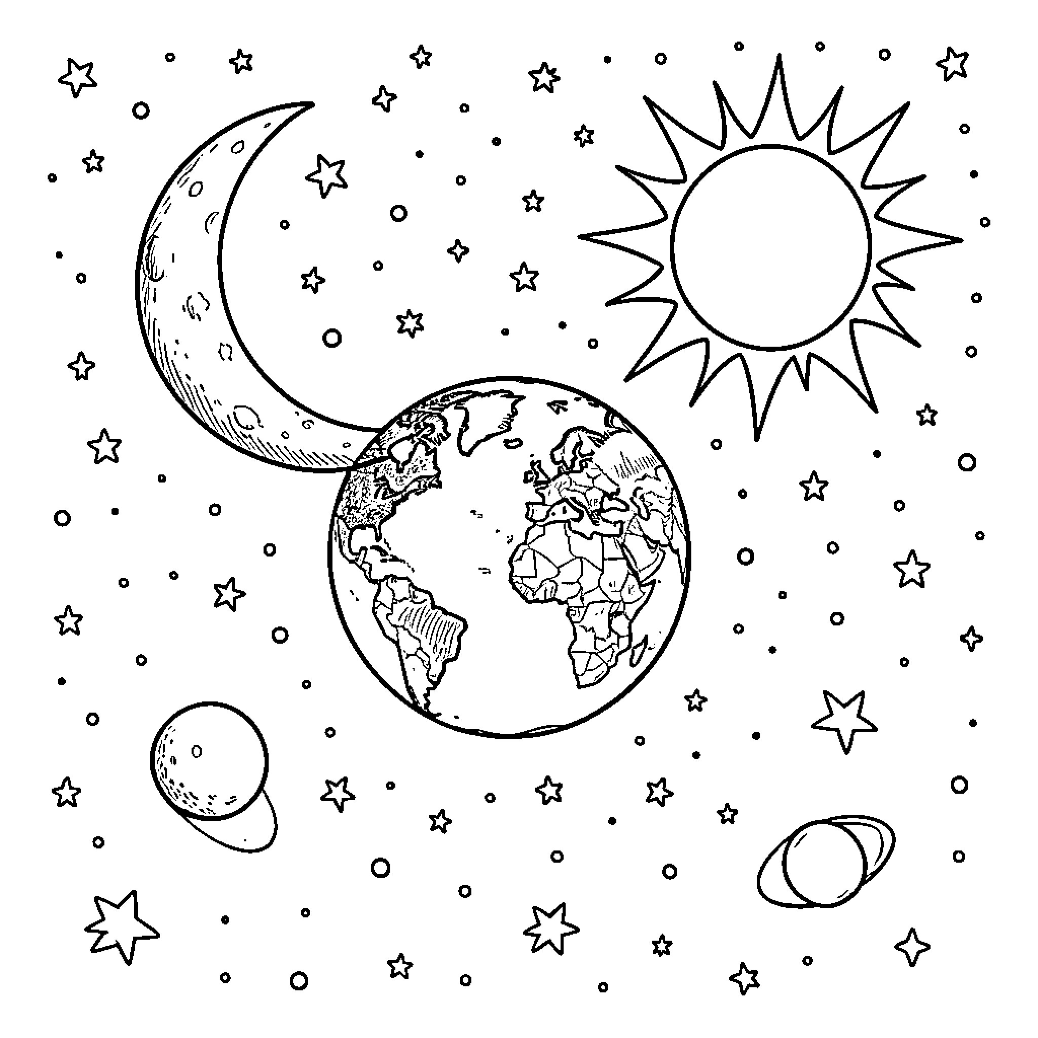 Moon Sun Earth Space celestial bodies floating among stars Coloring Page (free black-and-white line drawing printable PDF for all, from beginners to advanced learners, including children, teens, adults, and seniors)
