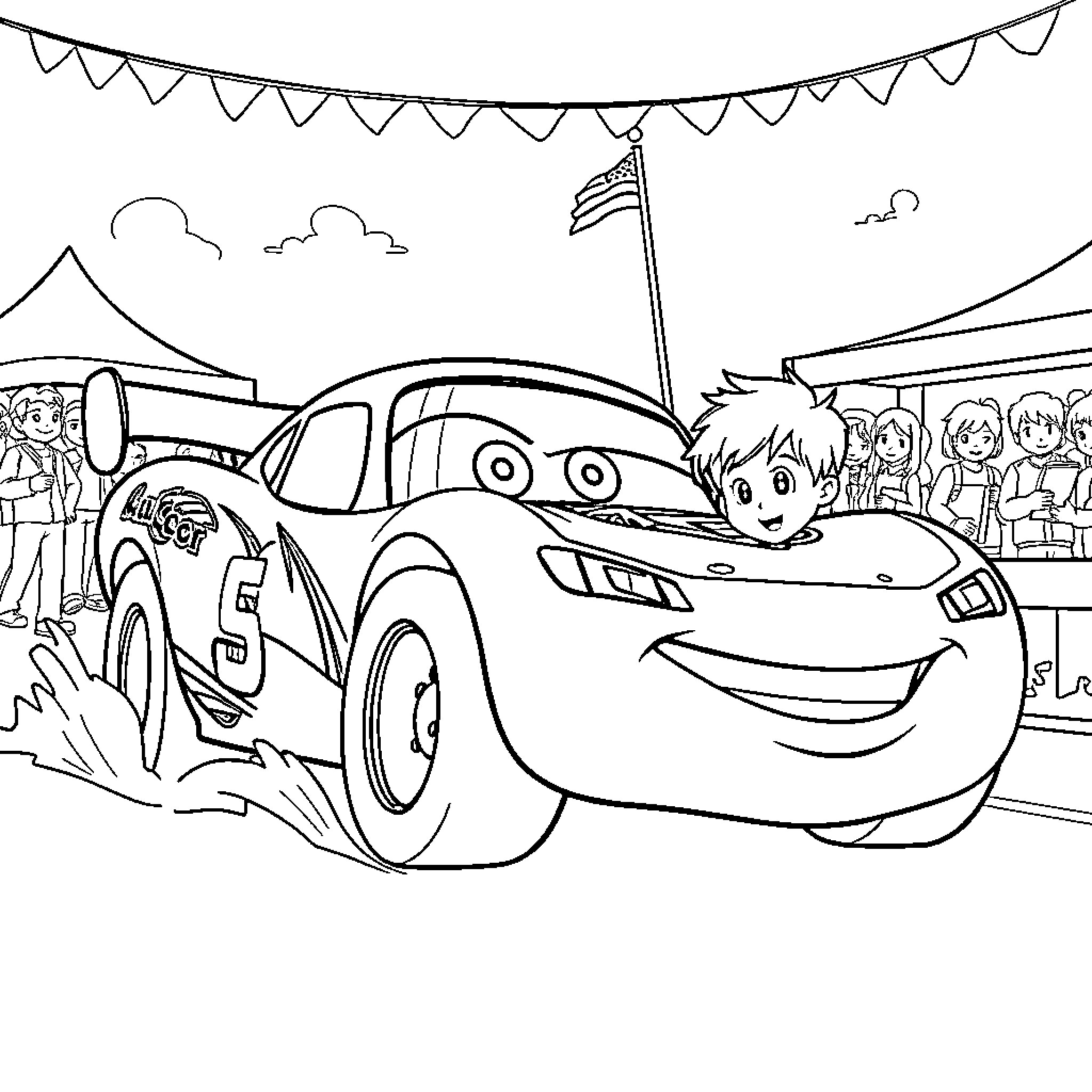 Rayo McQueen racing at the carnival Coloring Page (free black-and-white line drawing printable PDF for all, from beginners to advanced learners, including children, teens, adults, and seniors)