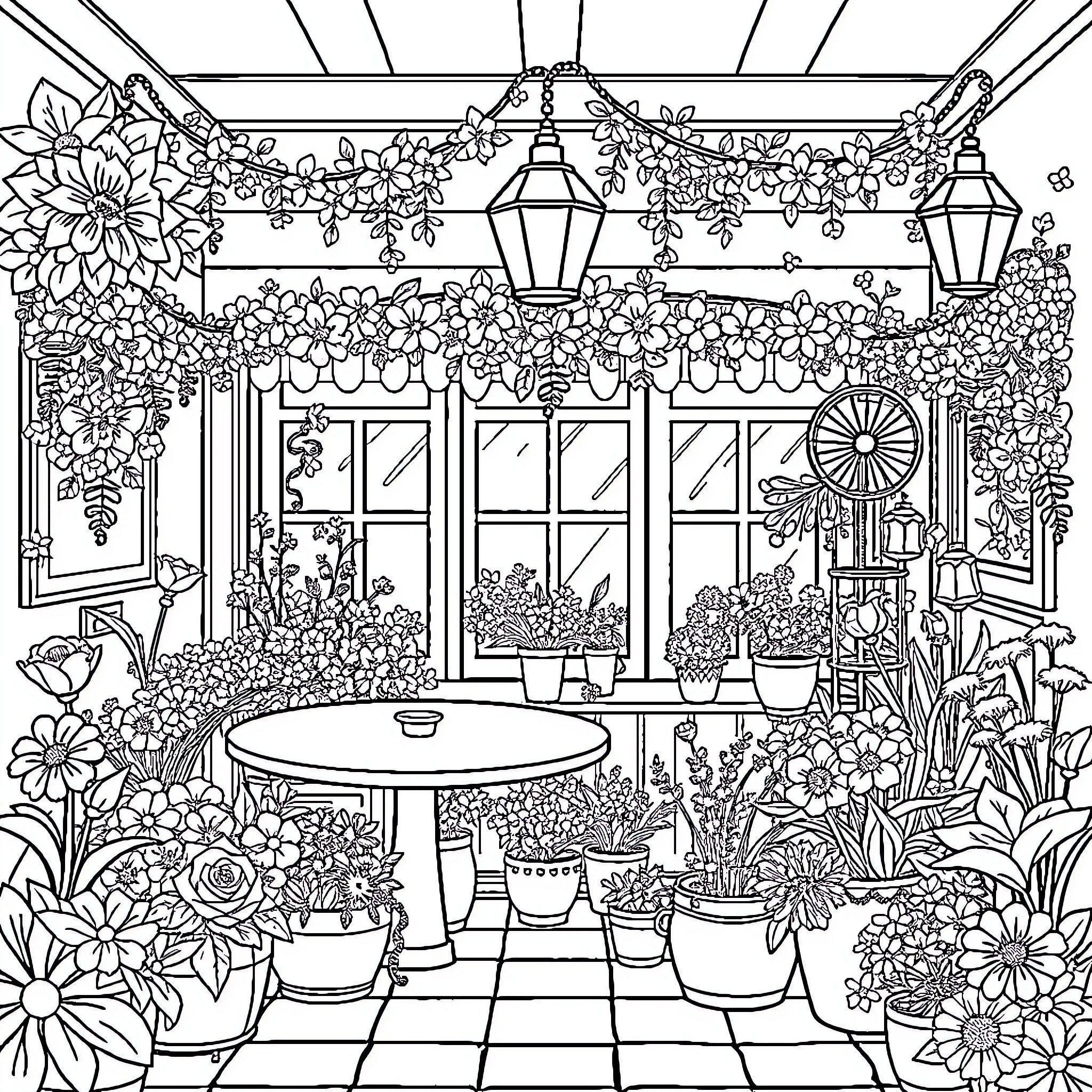 Blume Flourish: A Greenhouse Garden's Vibrant Scene Coloring Page (free black-and-white line drawing printable PDF for all, from beginners to advanced learners, including children, teens, adults, and seniors)