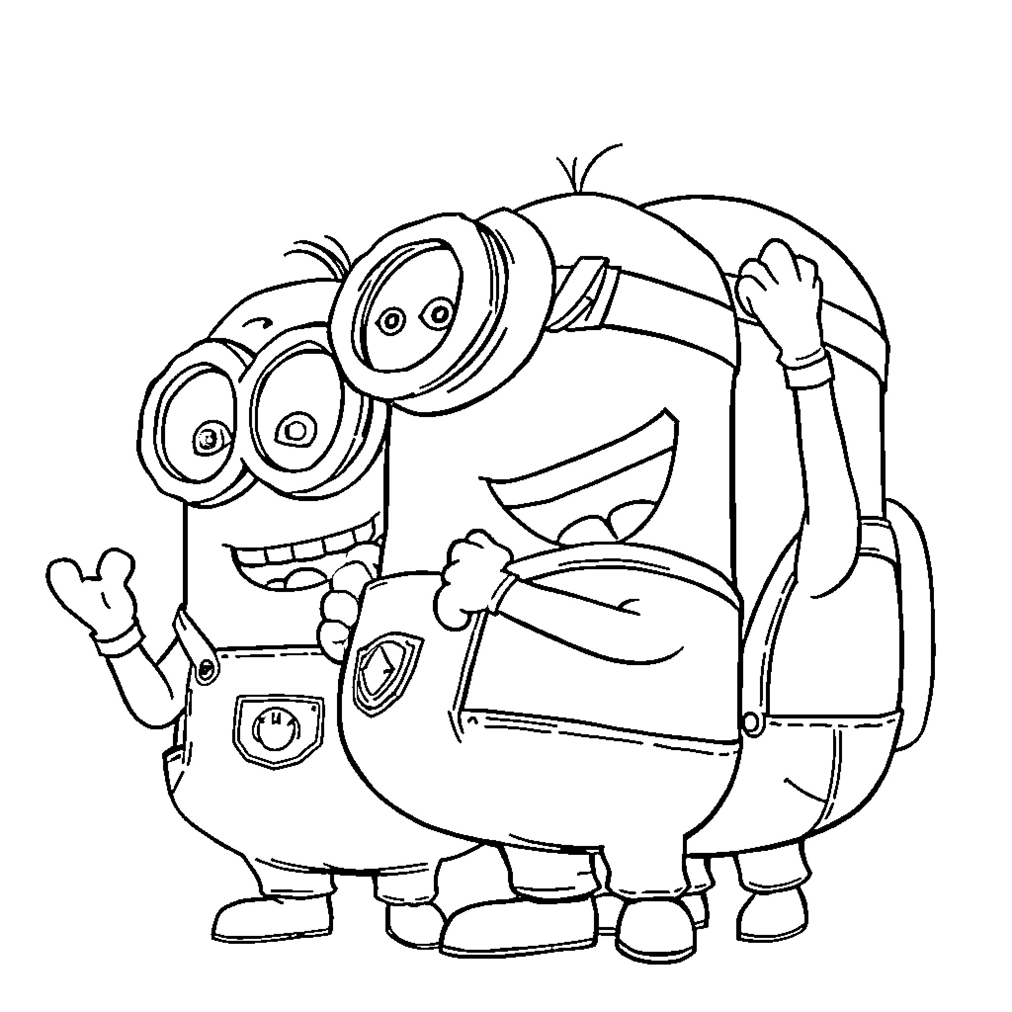 Minions posing and waving happily Coloring Page (free black-and-white line drawing printable PDF for all, from beginners to advanced learners, including children, teens, adults, and seniors)