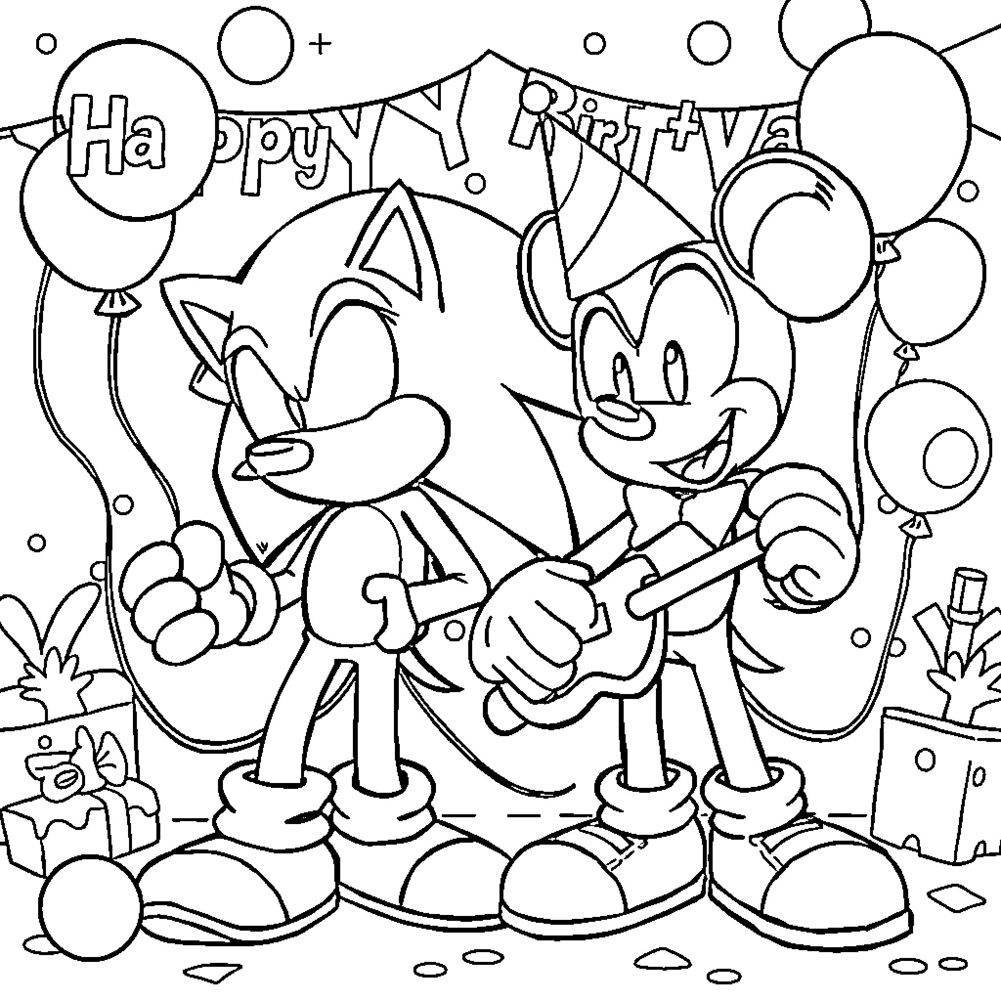 Sonic characters celebrating birthday with balloons Coloring Page (free black-and-white line drawing printable PDF for all, from beginners to advanced learners, including children, teens, adults, and seniors)
