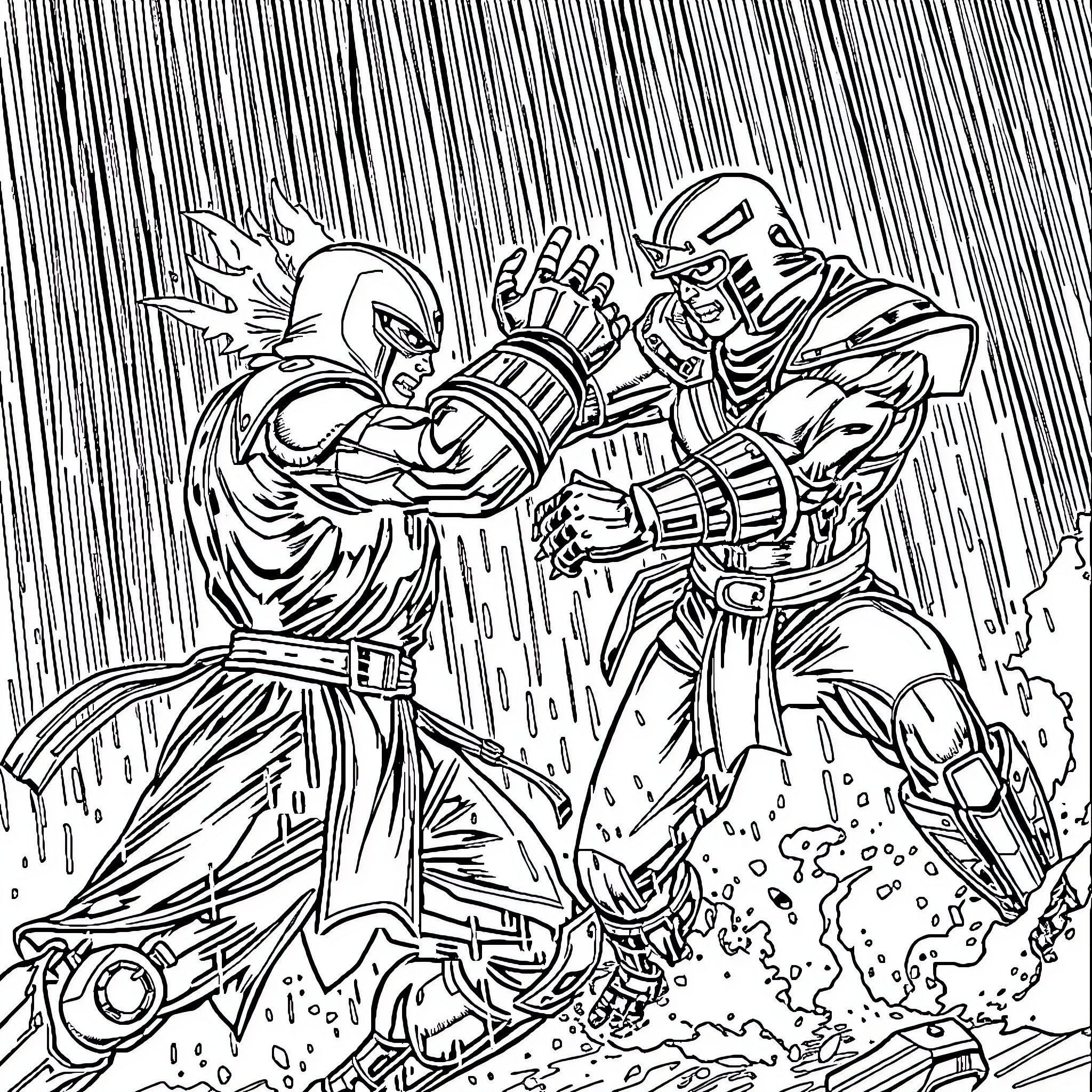 Noob Saibot's epic battle with a formidable warrior Coloring Page (free black-and-white line drawing printable PDF for all, from beginners to advanced learners, including children, teens, adults, and seniors)