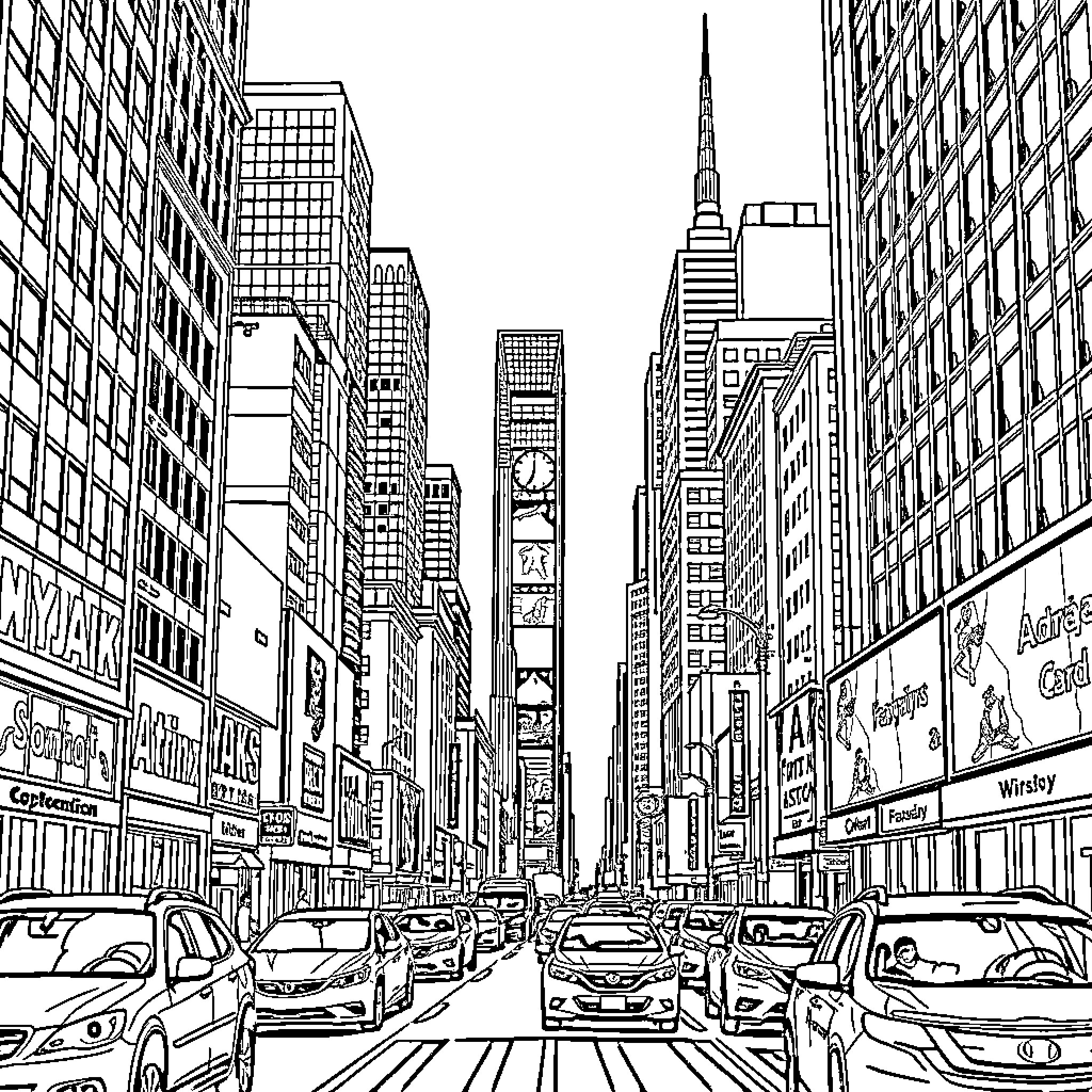 New York City Skyline with Bustling Streets Coloring Page (free black-and-white line drawing printable PDF for all, from beginners to advanced learners, including children, teens, adults, and seniors)
