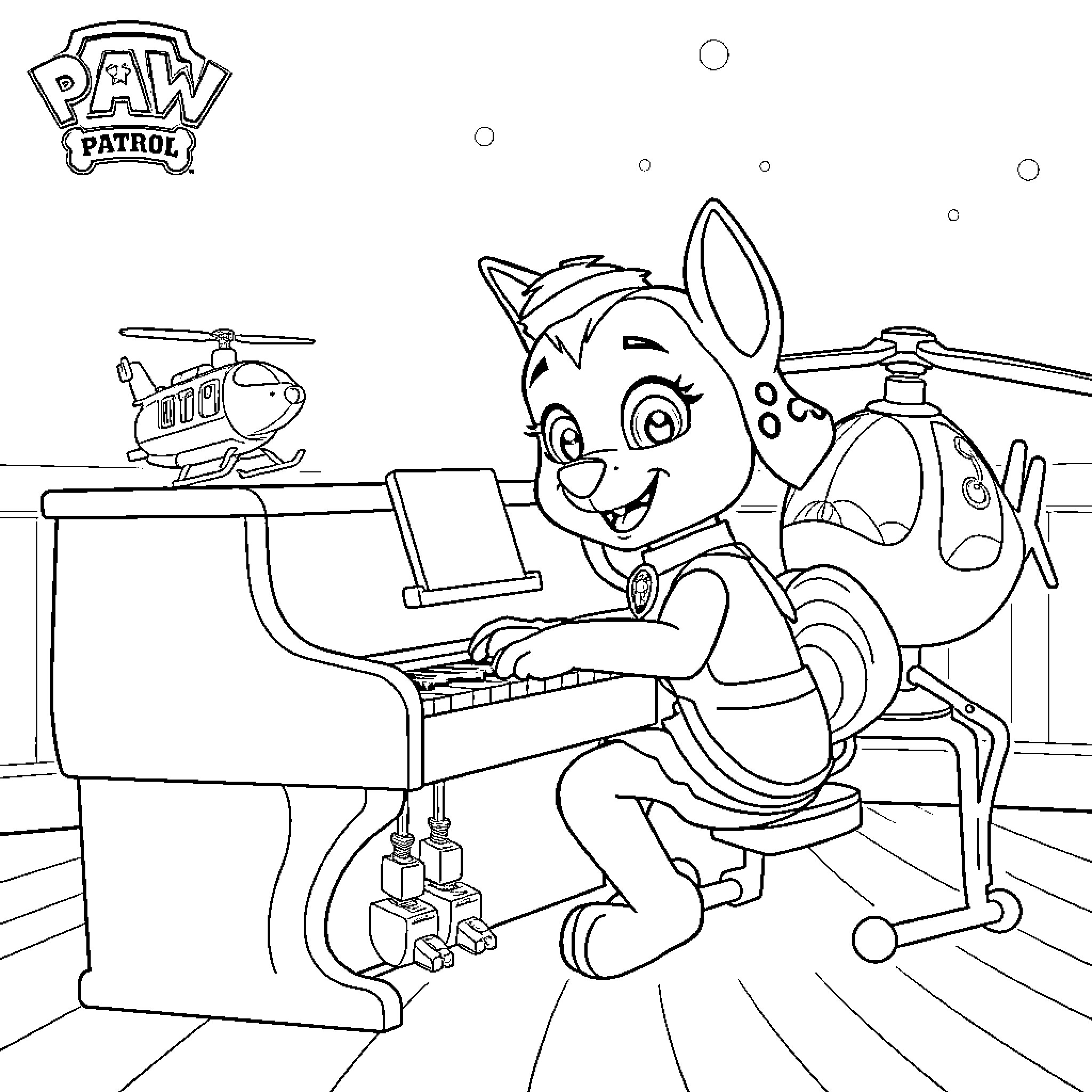 Skye playing with piano and helicopter in the room Coloring Page (free black-and-white line drawing printable PDF for all, from beginners to advanced learners, including children, teens, adults, and seniors)