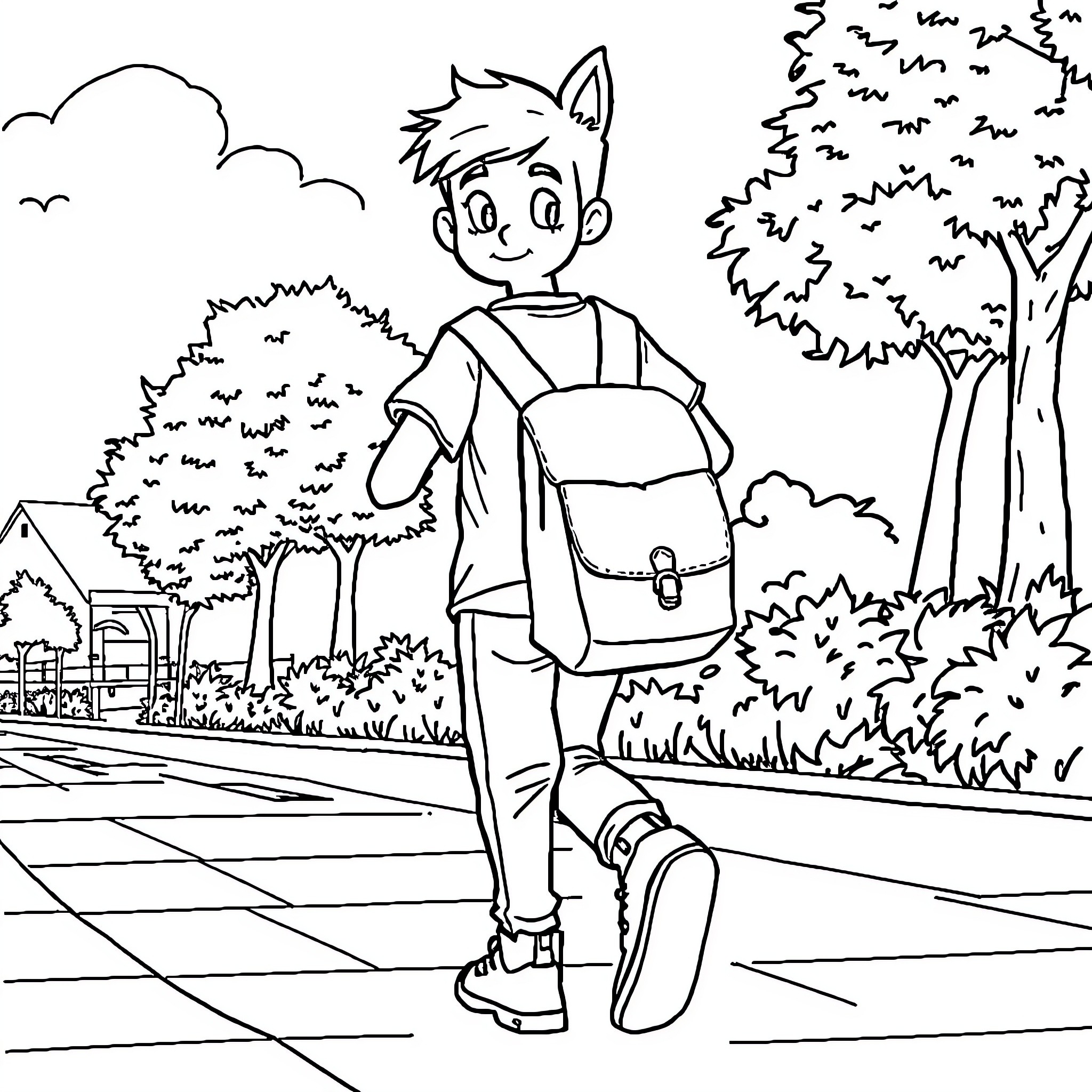 Child walking happily with backpack in the park Coloring Page (free black-and-white line drawing printable PDF for all, from beginners to advanced learners, including children, teens, adults, and seniors)