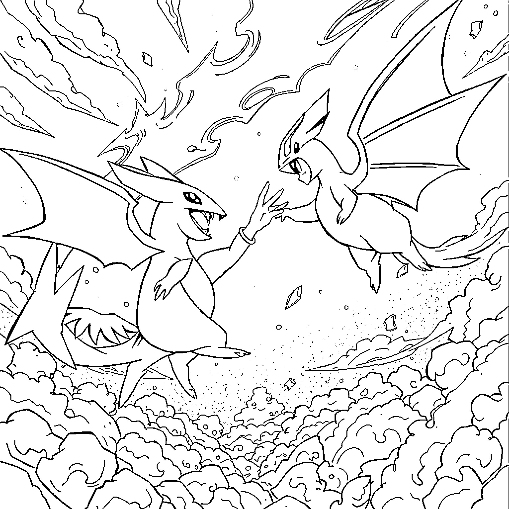 Pokémon dragons in fierce battle Coloring Page (free black-and-white line drawing printable PDF for all, from beginners to advanced learners, including children, teens, adults, and seniors)