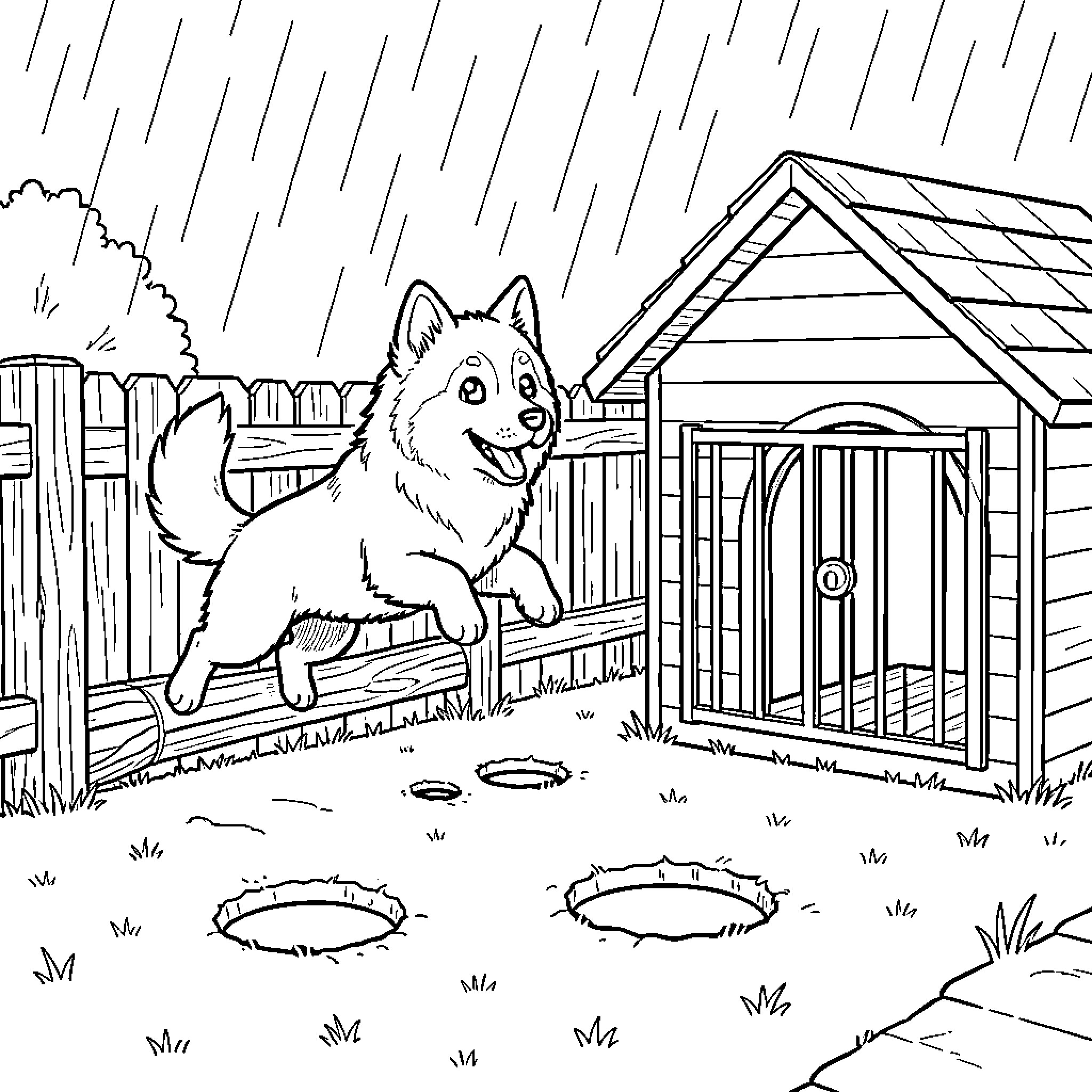 Dog playing in the rain near its doghouse Coloring Page (free black-and-white line drawing printable PDF for all, from beginners to advanced learners, including children, teens, adults, and seniors)