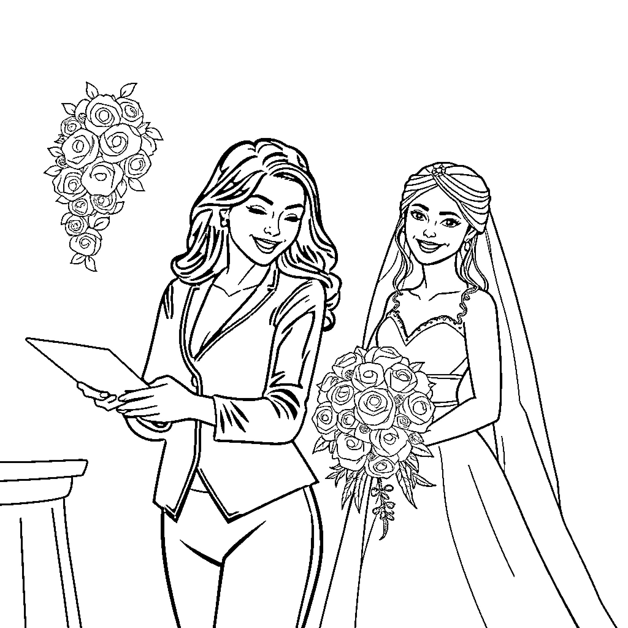 Woman at a Wedding Ceremony with Bouquet Coloring Page (free black-and-white line drawing printable PDF for all, from beginners to advanced learners, including children, teens, adults, and seniors)