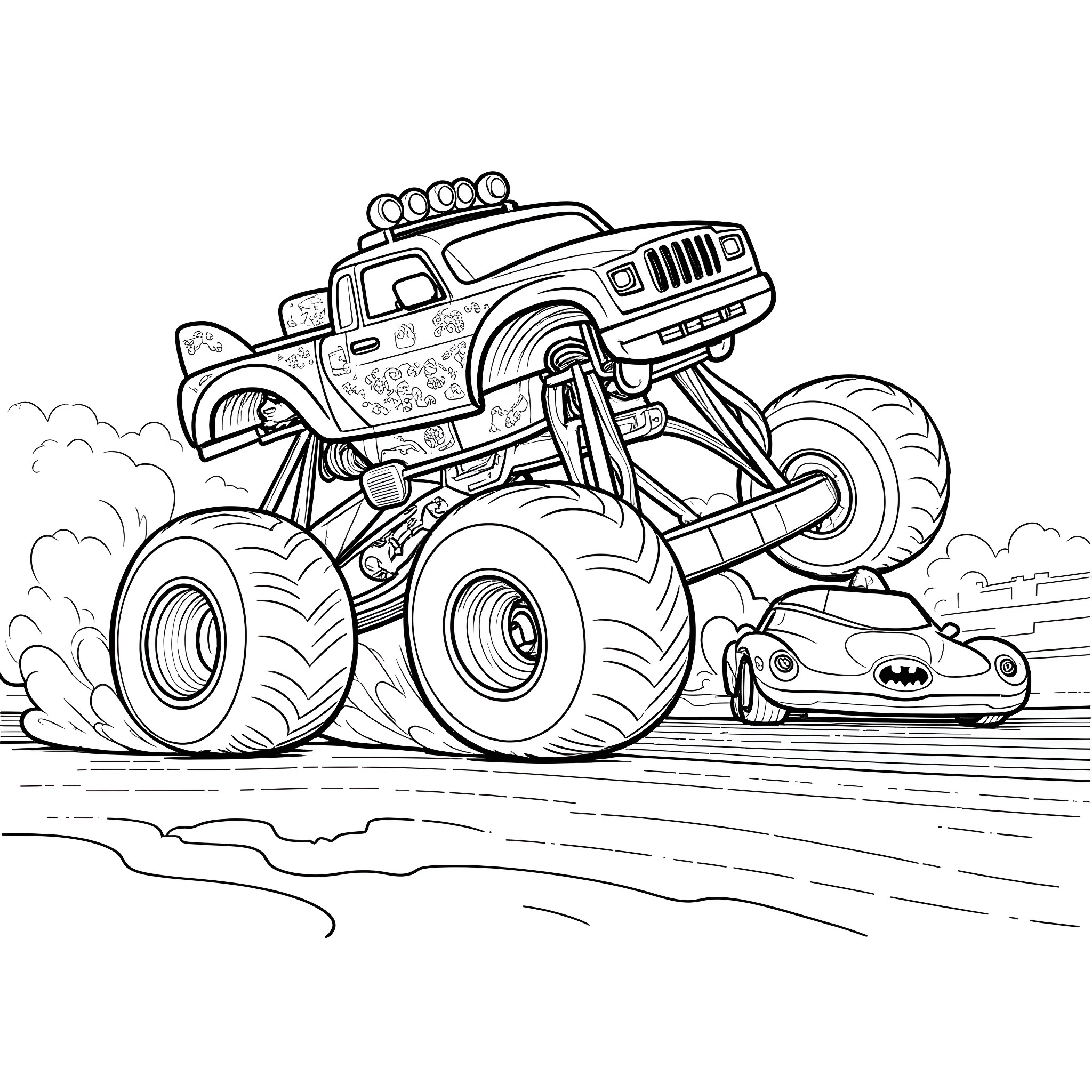 Monster Truck Crushing a Smaller Car on the Road Coloring Page (free black-and-white line drawing printable PDF for all, from beginners to advanced learners, including children, teens, adults, and seniors)