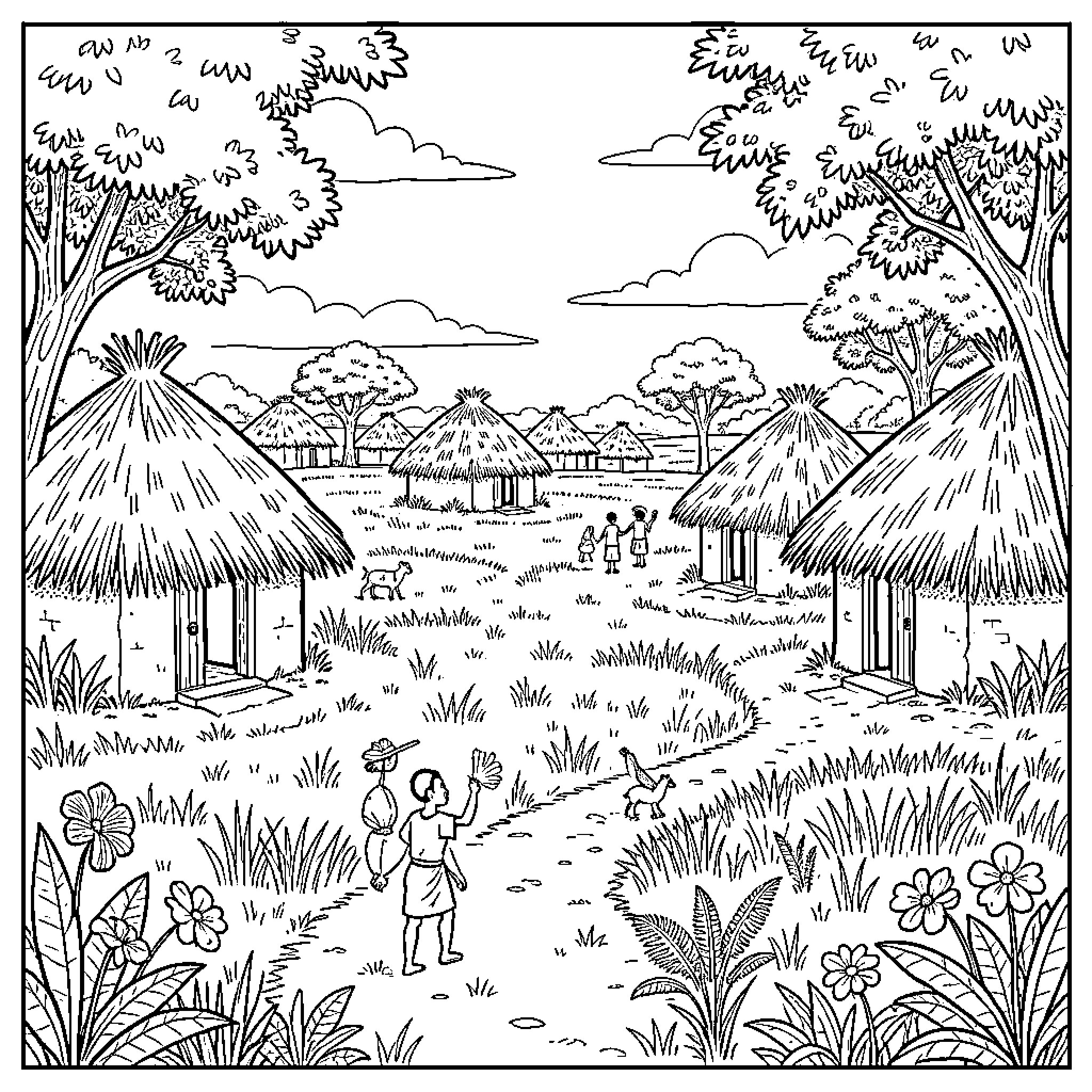 Prodigal Son walking through a peaceful village landscape Coloring Page (free black-and-white line drawing printable PDF for all, from beginners to advanced learners, including children, teens, adults, and seniors)