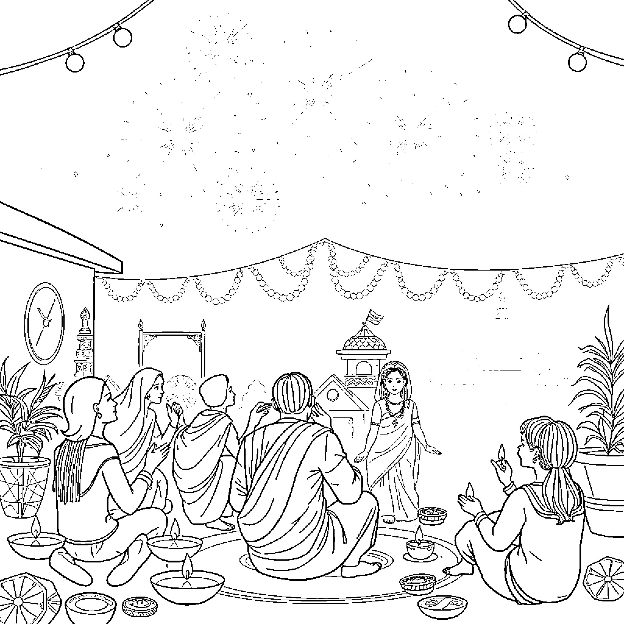 Diwali celebration with festive decorations and people Coloring Page (free black-and-white line drawing printable PDF for all, from beginners to advanced learners, including children, teens, adults, and seniors)