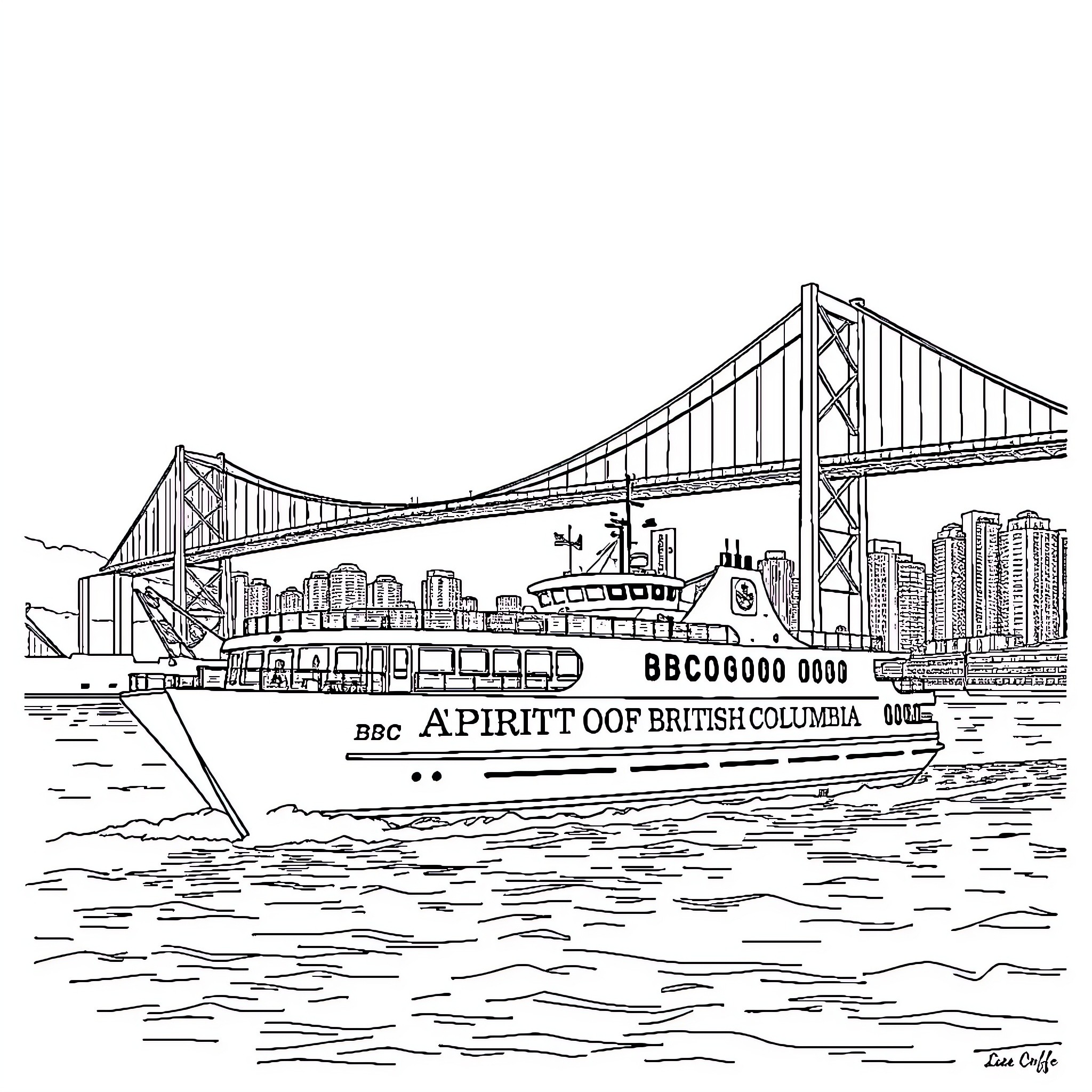 Ferry sailing across the city harbor Coloring Page (free black-and-white line drawing printable PDF for all, from beginners to advanced learners, including children, teens, adults, and seniors)