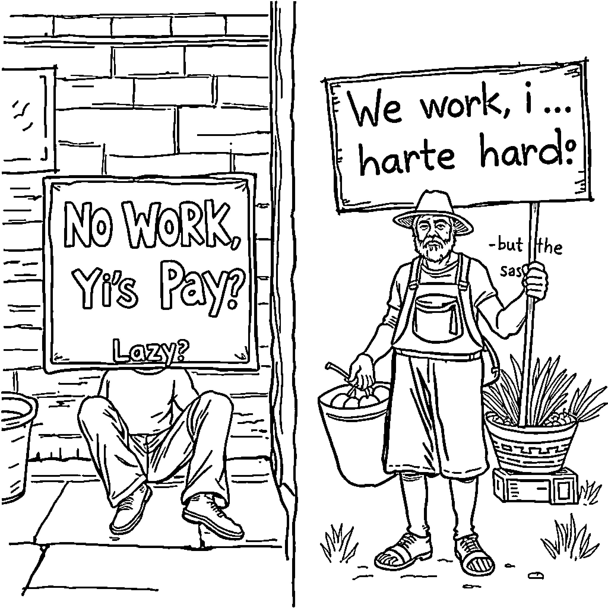 Person holding sign about work and pay Coloring Page (free black-and-white line drawing printable PDF for all, from beginners to advanced learners, including children, teens, adults, and seniors)