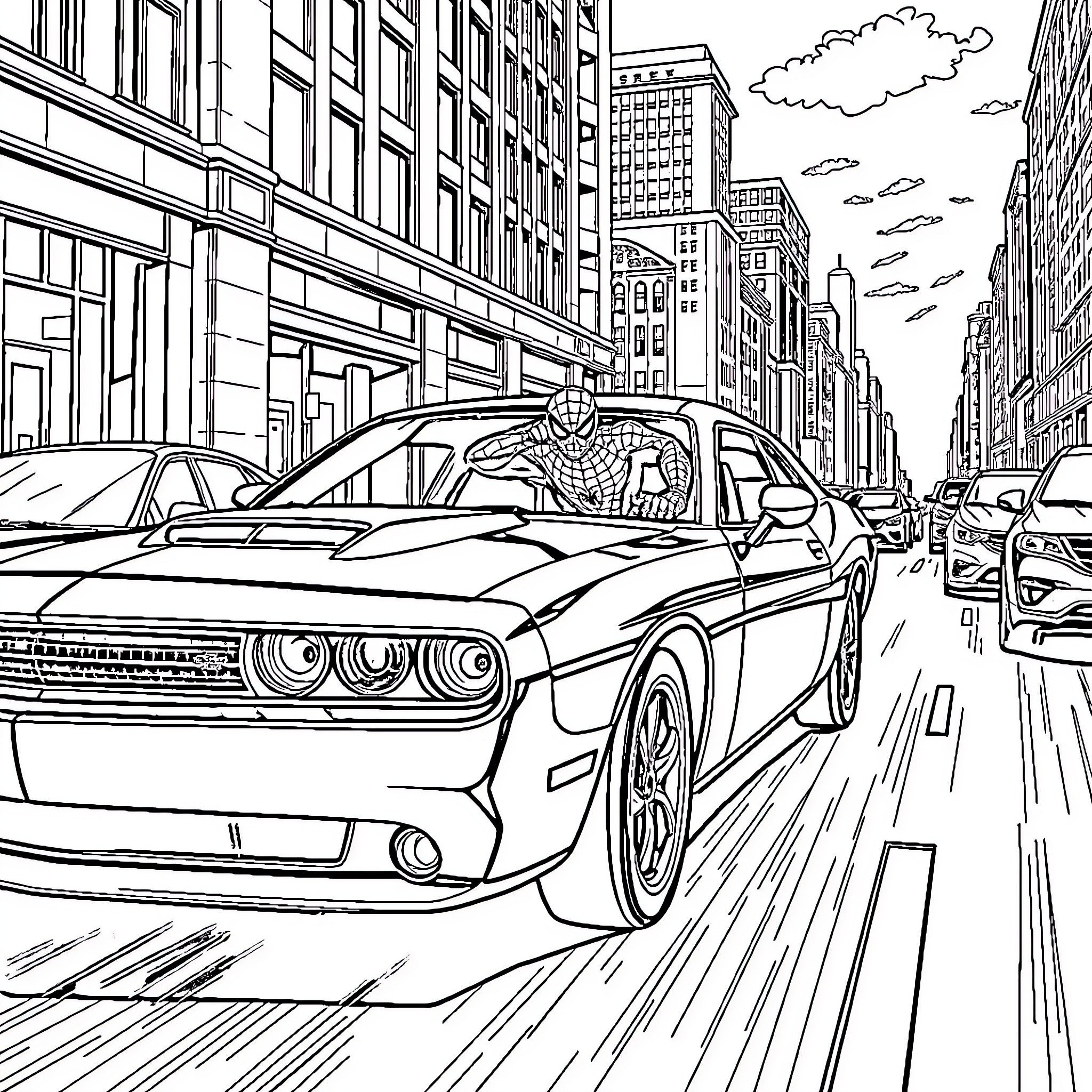 Spiderman chasing villain in New York City streets Coloring Page (free black-and-white line drawing printable PDF for all, from beginners to advanced learners, including children, teens, adults, and seniors)