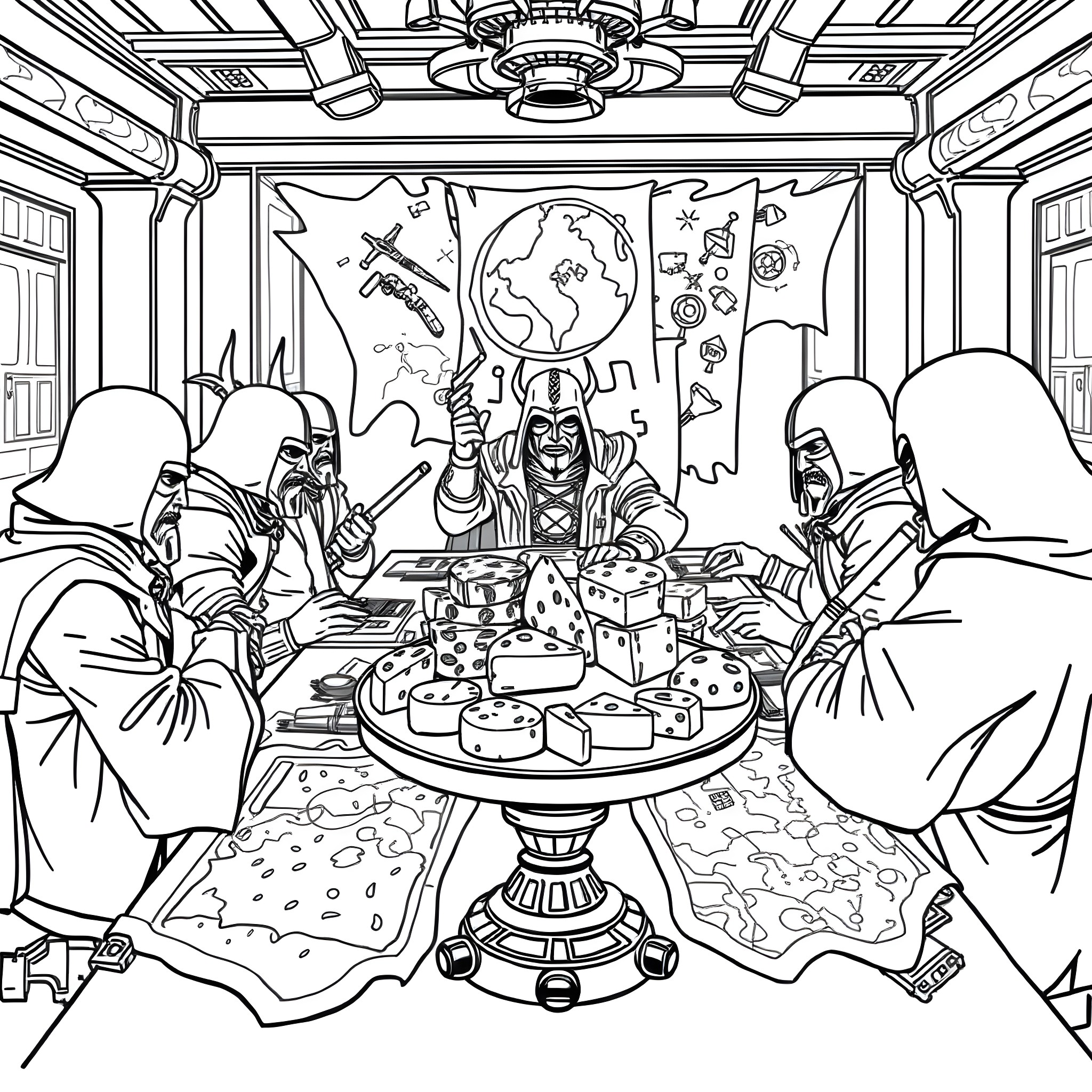 Rebel Leader Planning Galactic Revolution over Feast Coloring Page (free black-and-white line drawing printable PDF for all, from beginners to advanced learners, including children, teens, adults, and seniors)