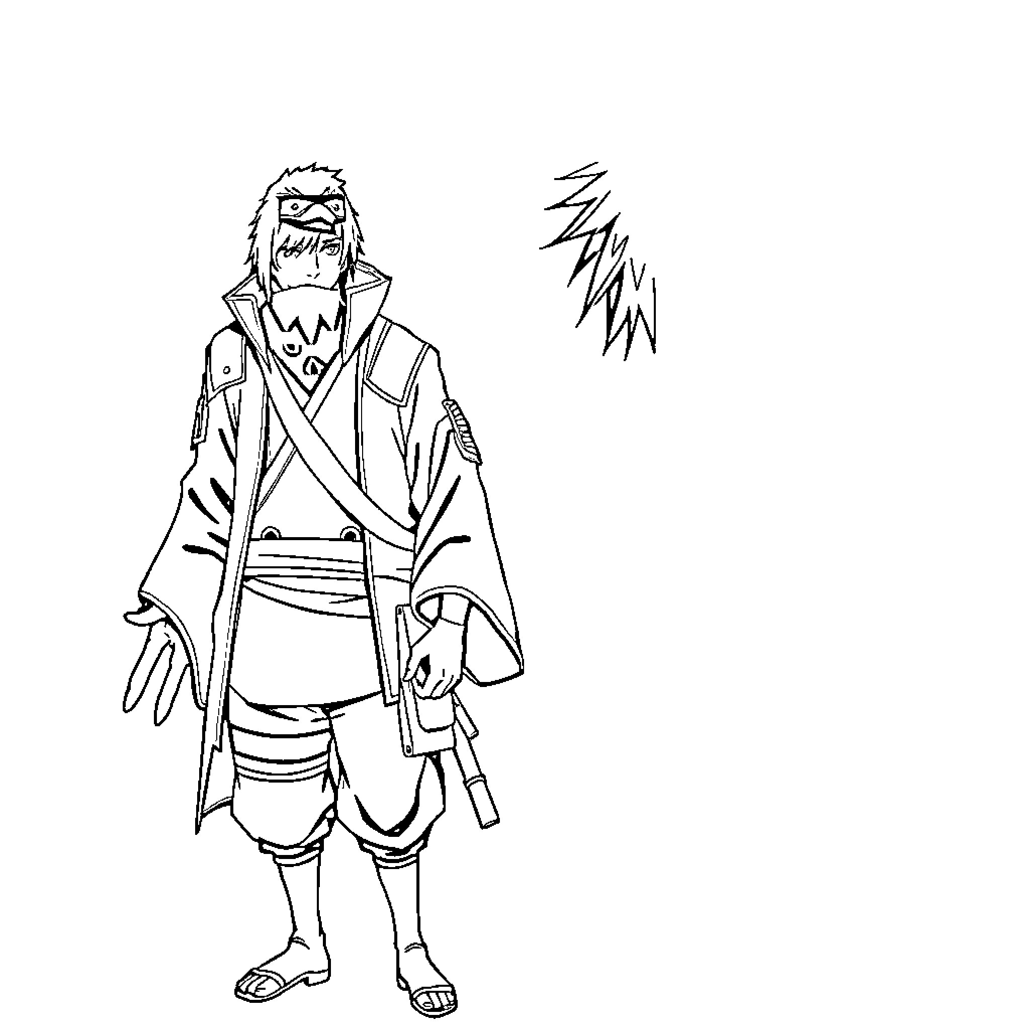 Itachi in Focused Pose with Ninja Attire Coloring Page (free black-and-white line drawing printable PDF for all, from beginners to advanced learners, including children, teens, adults, and seniors)