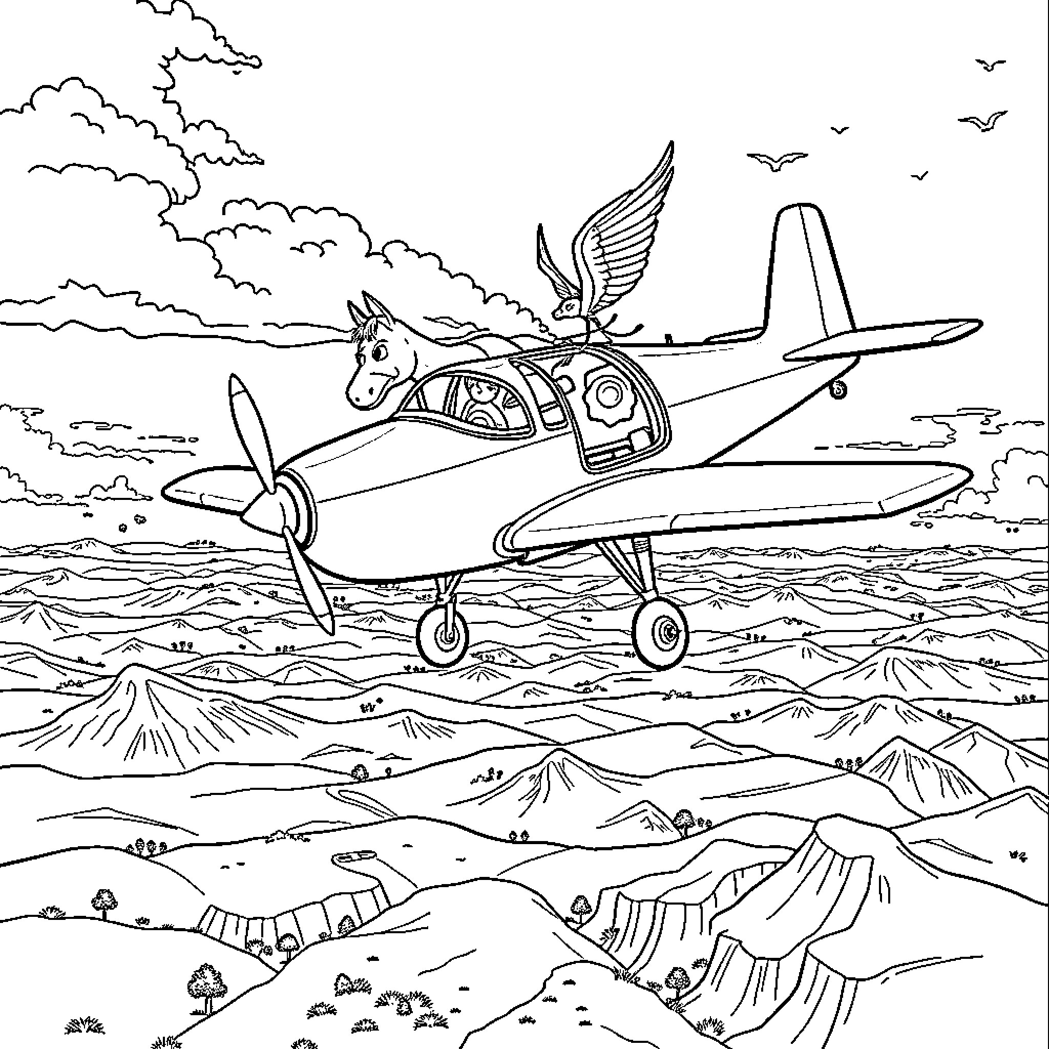 Huntrix's Airborne Adventure Over Scenic Landscapes Coloring Page (free black-and-white line drawing printable PDF for all, from beginners to advanced learners, including children, teens, adults, and seniors)