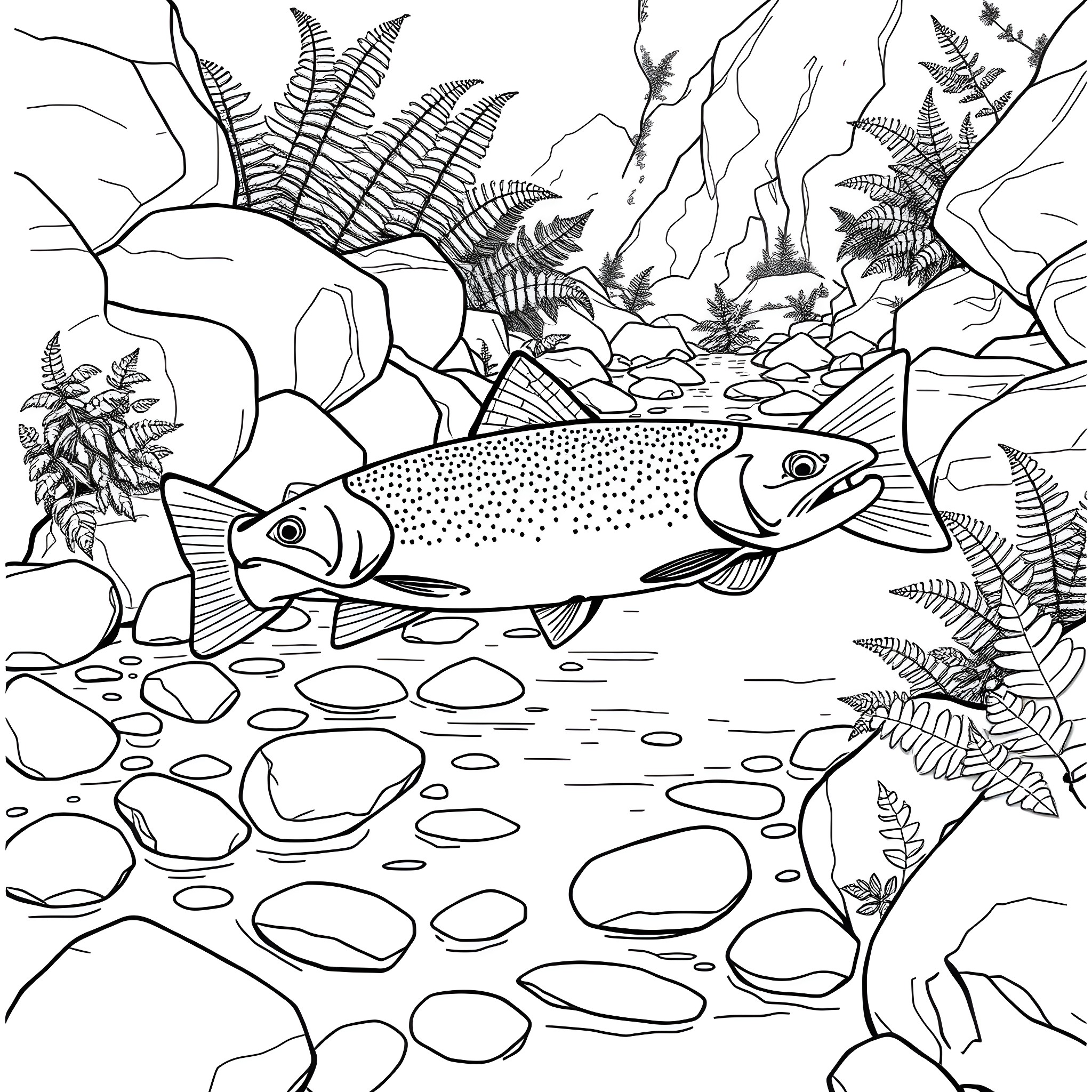 Trout swimming in a rocky river with ferns Coloring Page (free black-and-white line drawing printable PDF for all, from beginners to advanced learners, including children, teens, adults, and seniors)