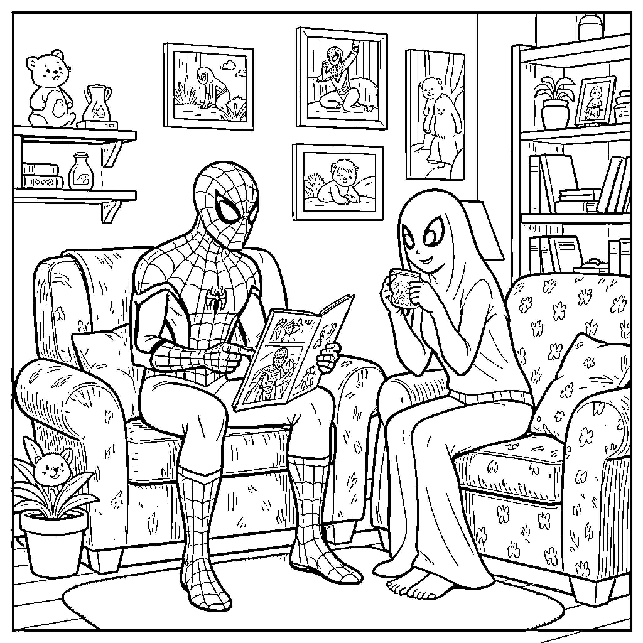 Spider-Man reading a comic book with a friend Coloring Page (free black-and-white line drawing printable PDF for all, from beginners to advanced learners, including children, teens, adults, and seniors)