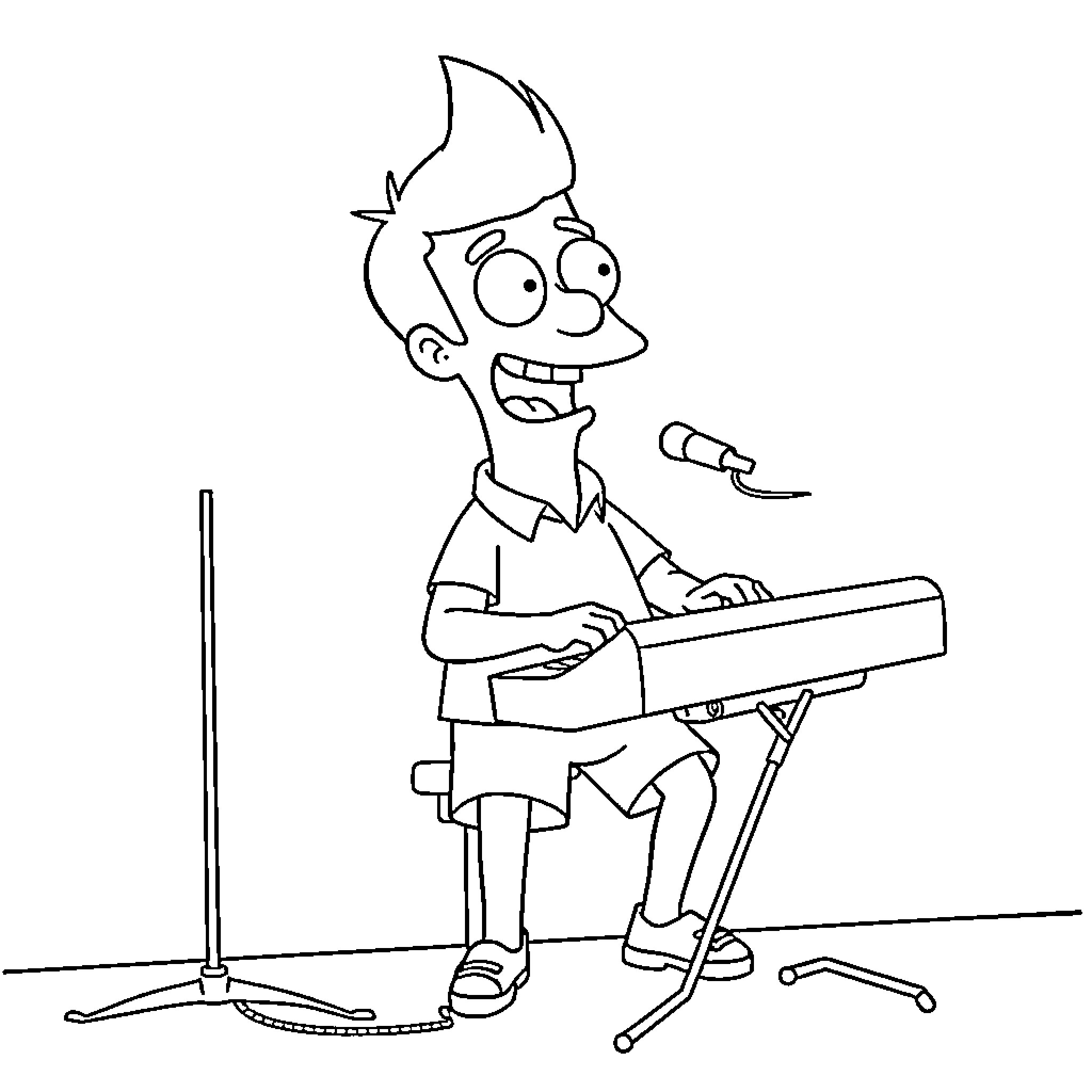 Gene enthusiastically playing a musical keyboard Coloring Page (free black-and-white line drawing printable PDF for all, from beginners to advanced learners, including children, teens, adults, and seniors)