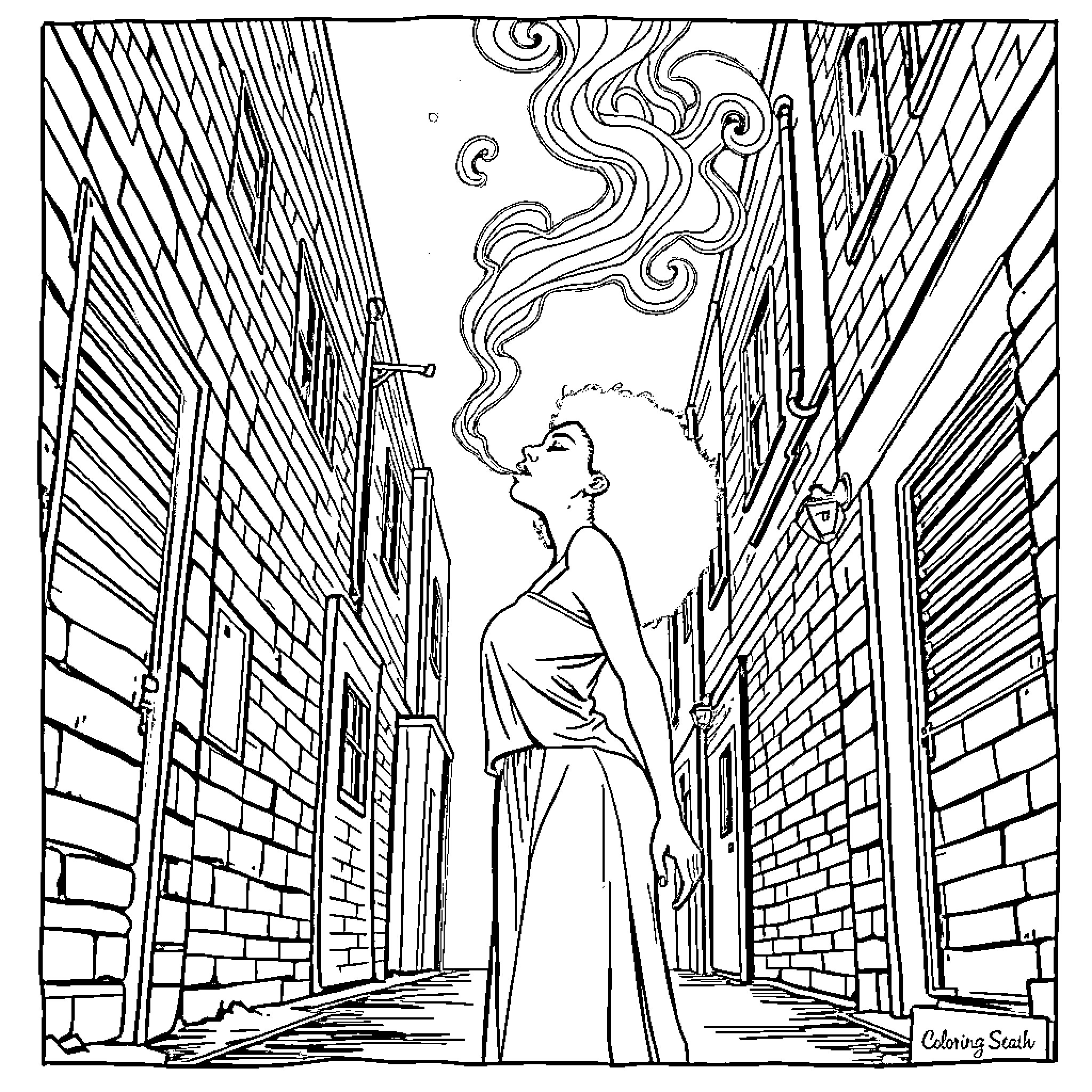 Woman standing alone in a dark alley with mysterious smoke Coloring Page (free black-and-white line drawing printable PDF for all, from beginners to advanced learners, including children, teens, adults, and seniors)