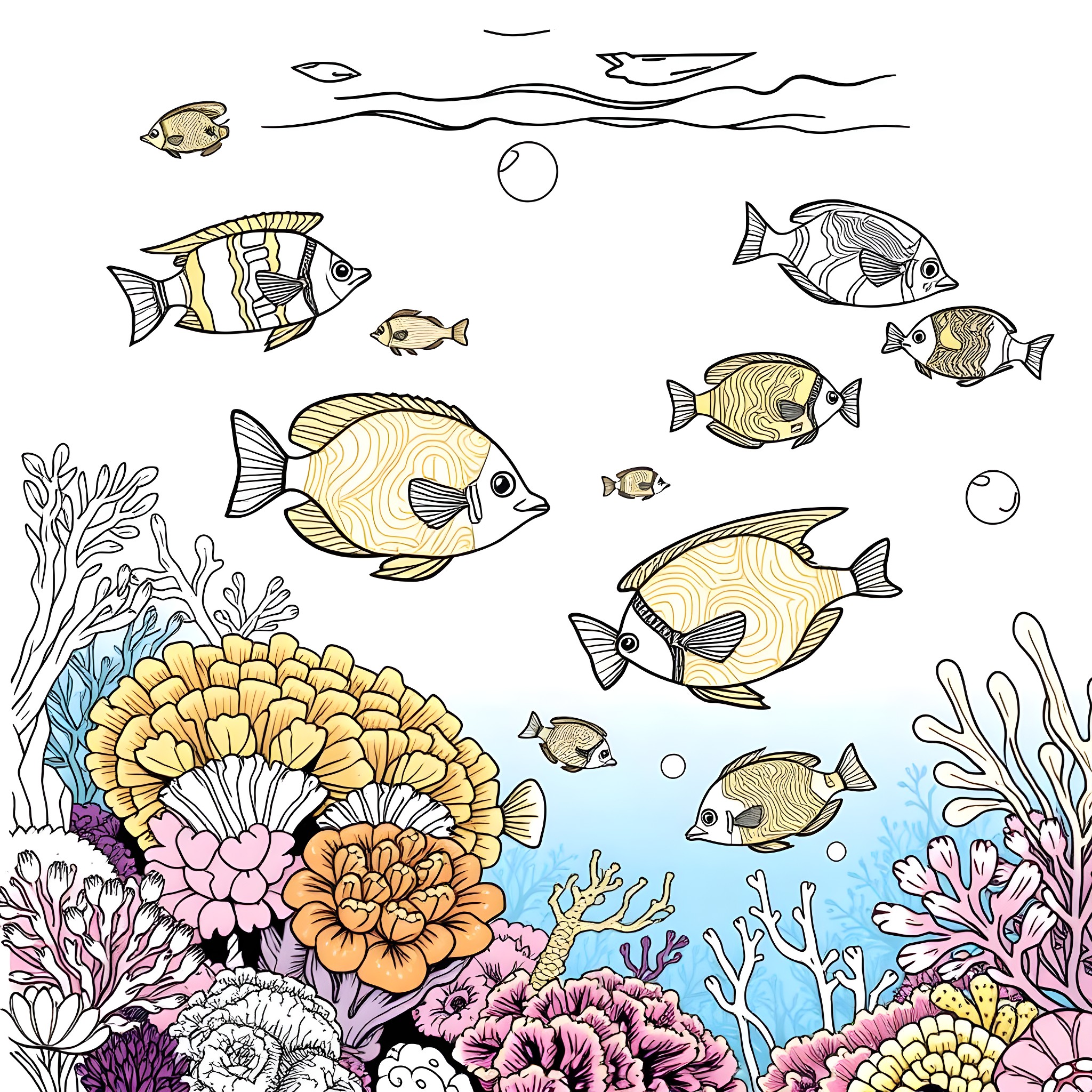 Fish swimming amidst colorful coral reef and sea creatures Coloring Page (free black-and-white line drawing printable PDF for all, from beginners to advanced learners, including children, teens, adults, and seniors)