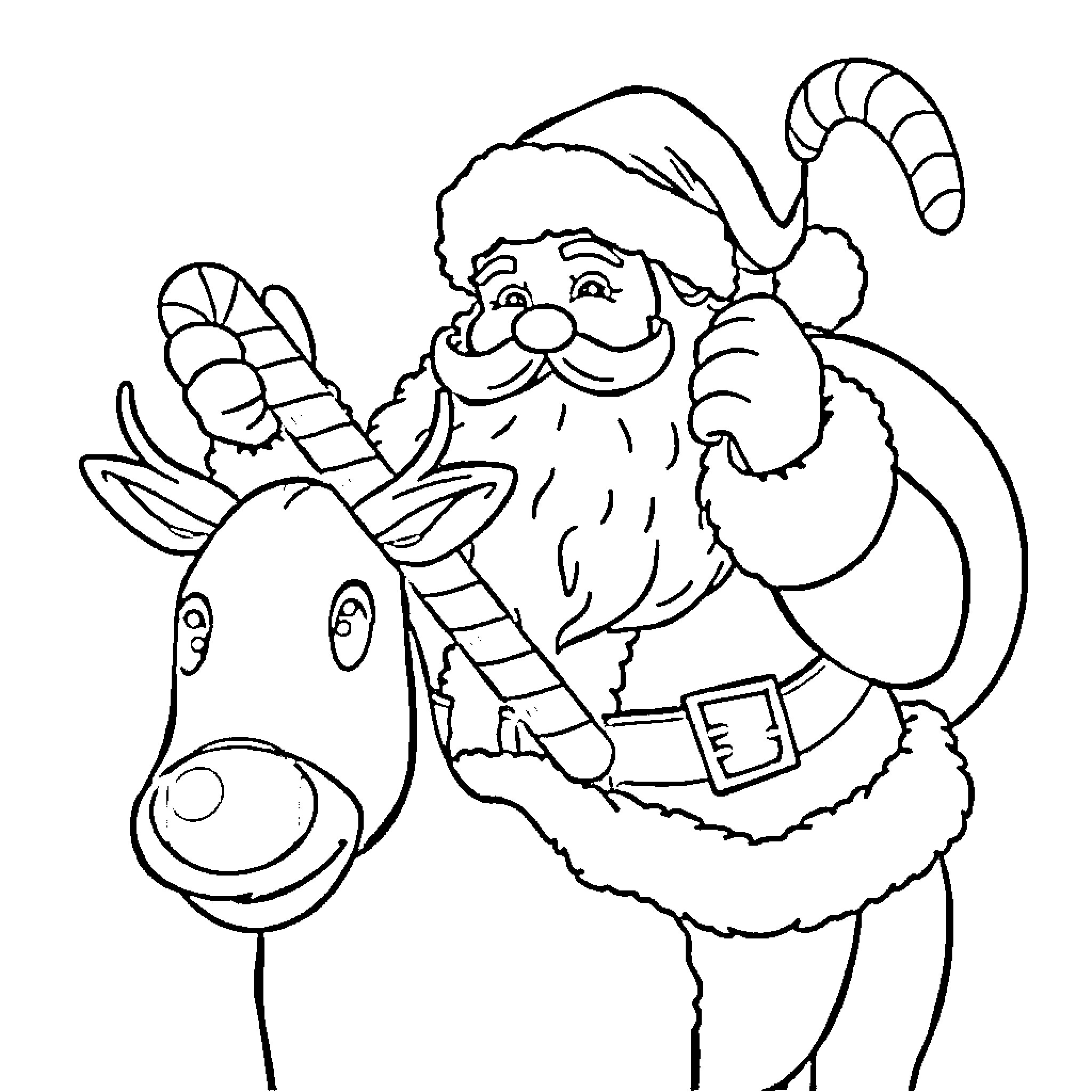 Santa's Joyful Ride with a Reindeer Coloring Page (free black-and-white line drawing printable PDF for all, from beginners to advanced learners, including children, teens, adults, and seniors)