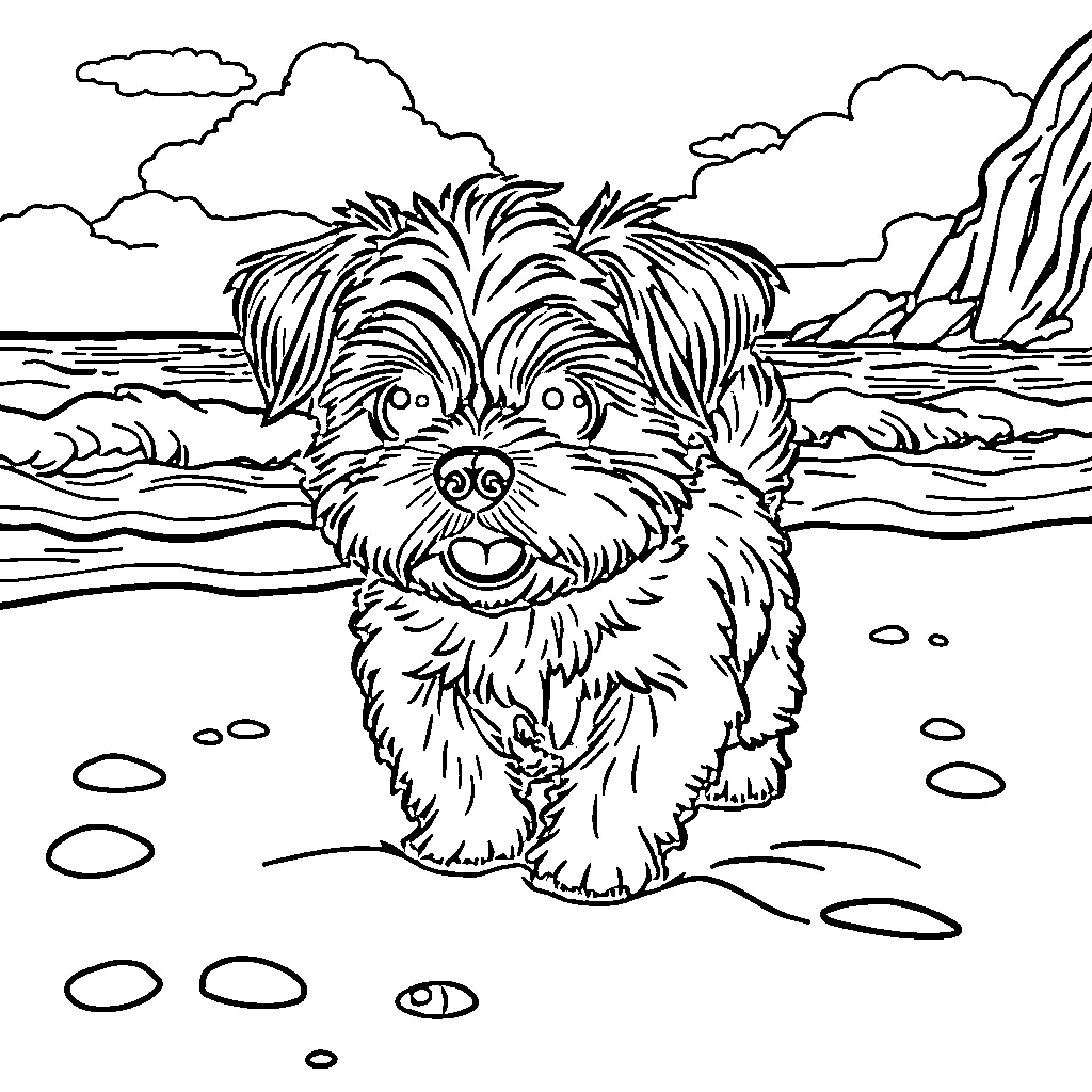 Shih Tzu playing happily on the beach Coloring Page (free black-and-white line drawing printable PDF for all, from beginners to advanced learners, including children, teens, adults, and seniors)