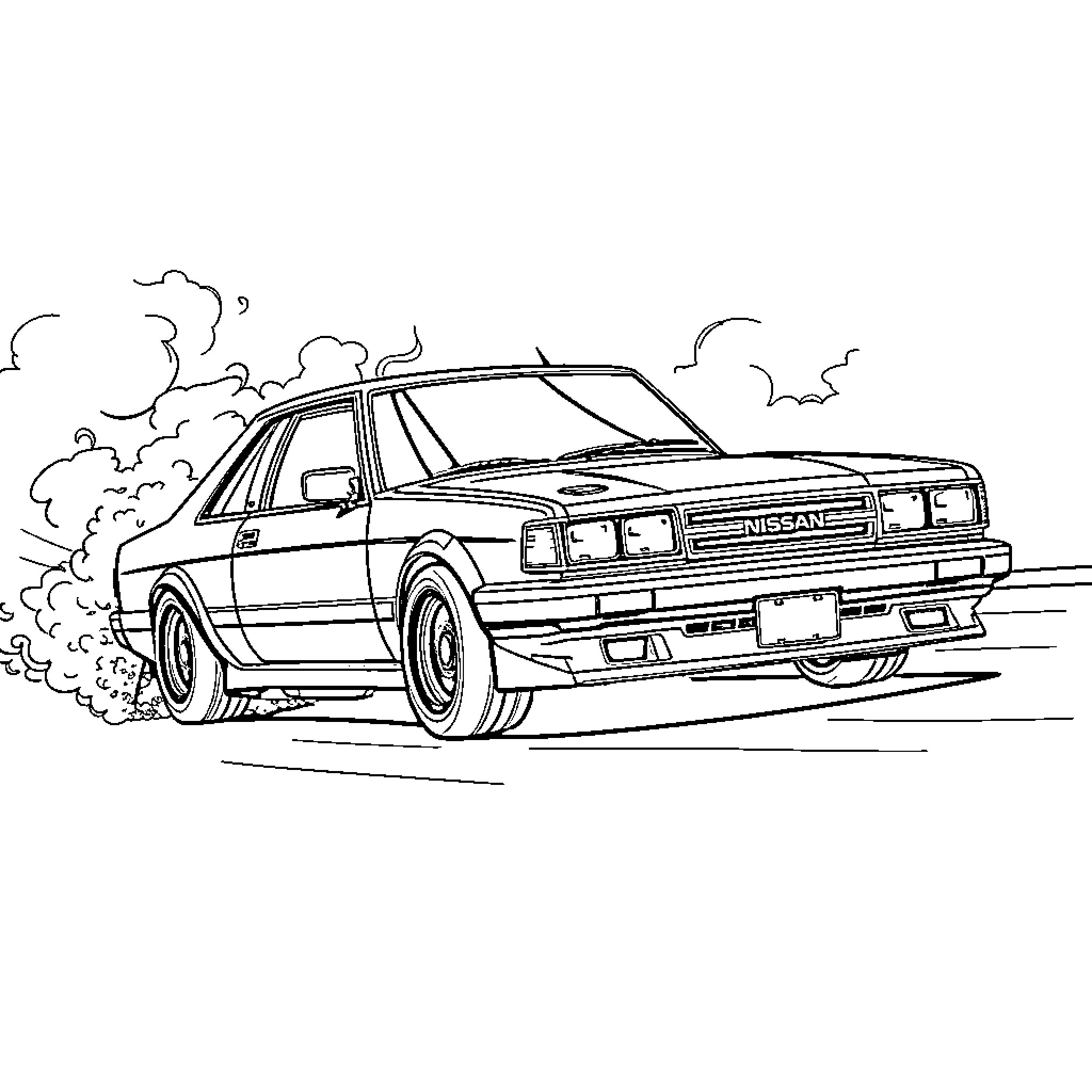 Nissan sports car speeding down the road Coloring Page (free black-and-white line drawing printable PDF for all, from beginners to advanced learners, including children, teens, adults, and seniors)