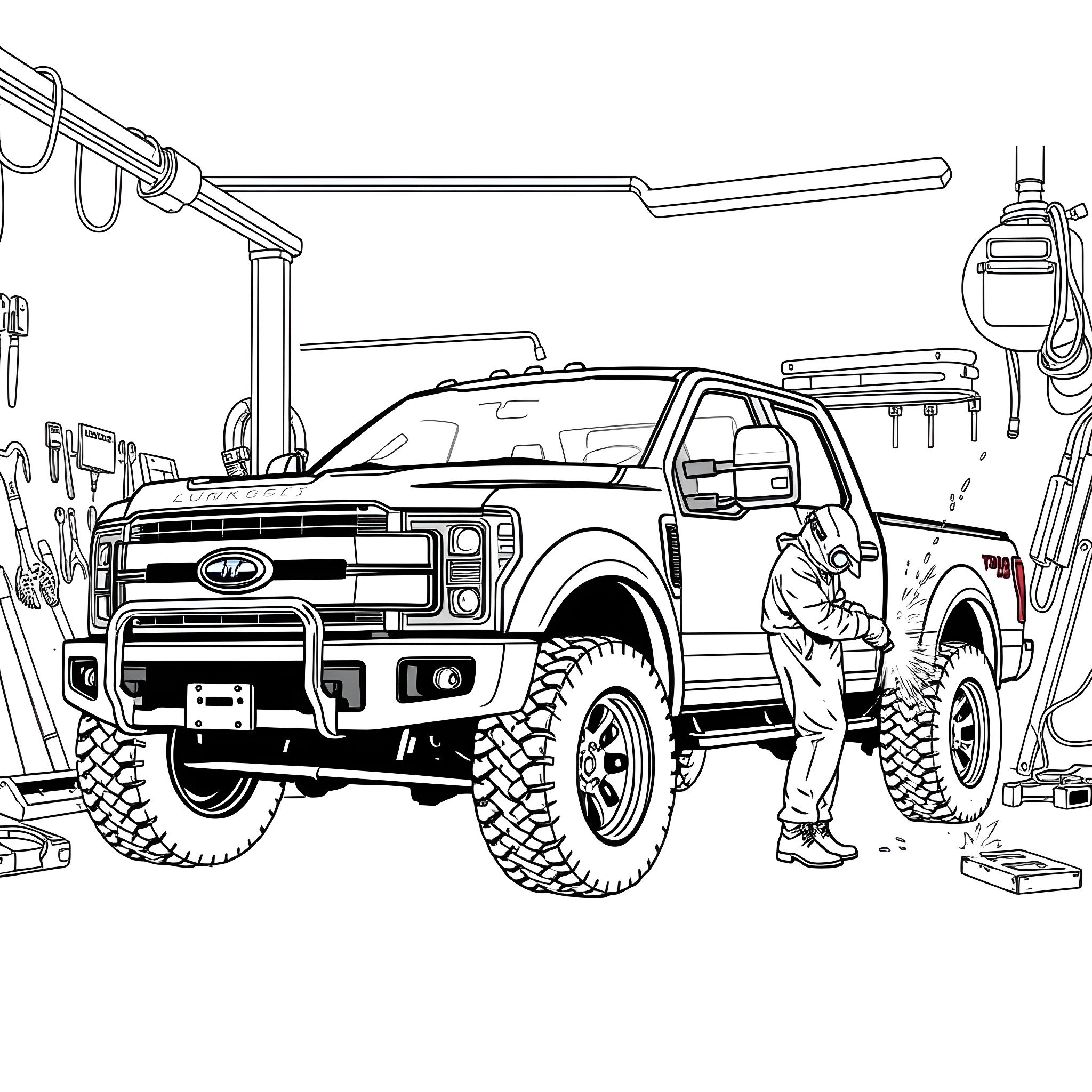 Pickup truck service and maintenance in the garage Coloring Page (free black-and-white line drawing printable PDF for all, from beginners to advanced learners, including children, teens, adults, and seniors)