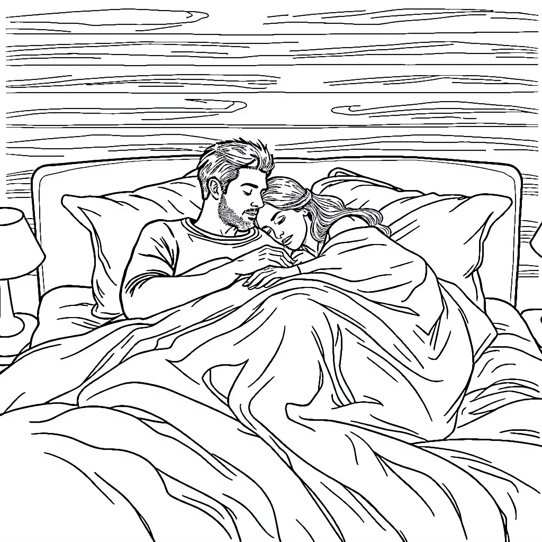 Couple lying together on the bed Coloring Page (free black-and-white line drawing printable PDF for all, from beginners to advanced learners, including children, teens, adults, and seniors)