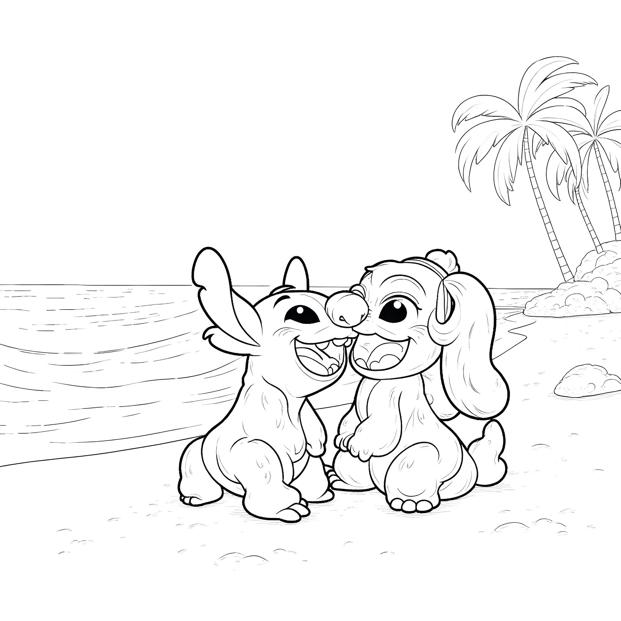 Stitch and Lilo playing together on the beach Coloring Page (free black-and-white line drawing printable PDF for all, from beginners to advanced learners, including children, teens, adults, and seniors)