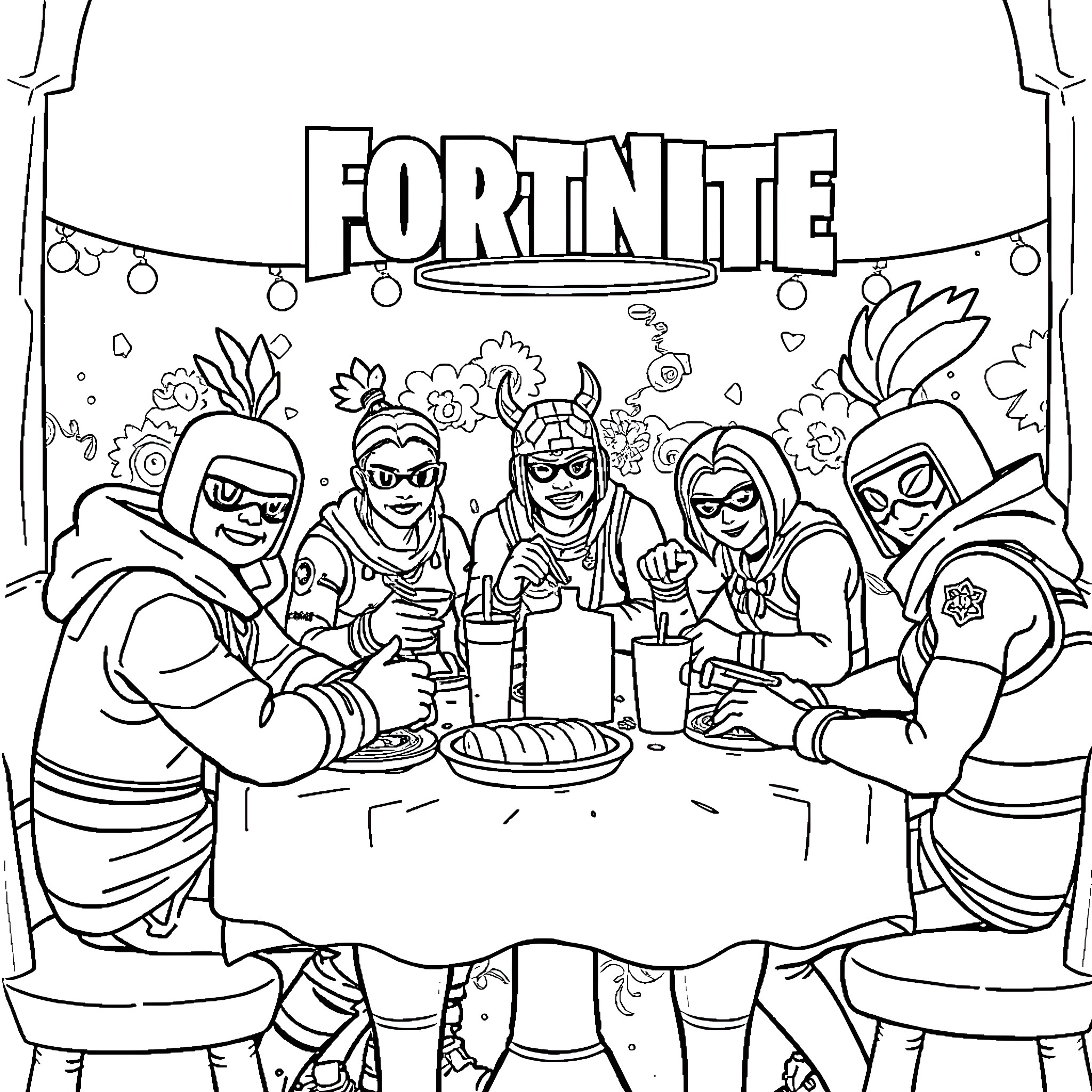 Fortnite characters enjoying a party together Coloring Page (free black-and-white line drawing printable PDF for all, from beginners to advanced learners, including children, teens, adults, and seniors)
