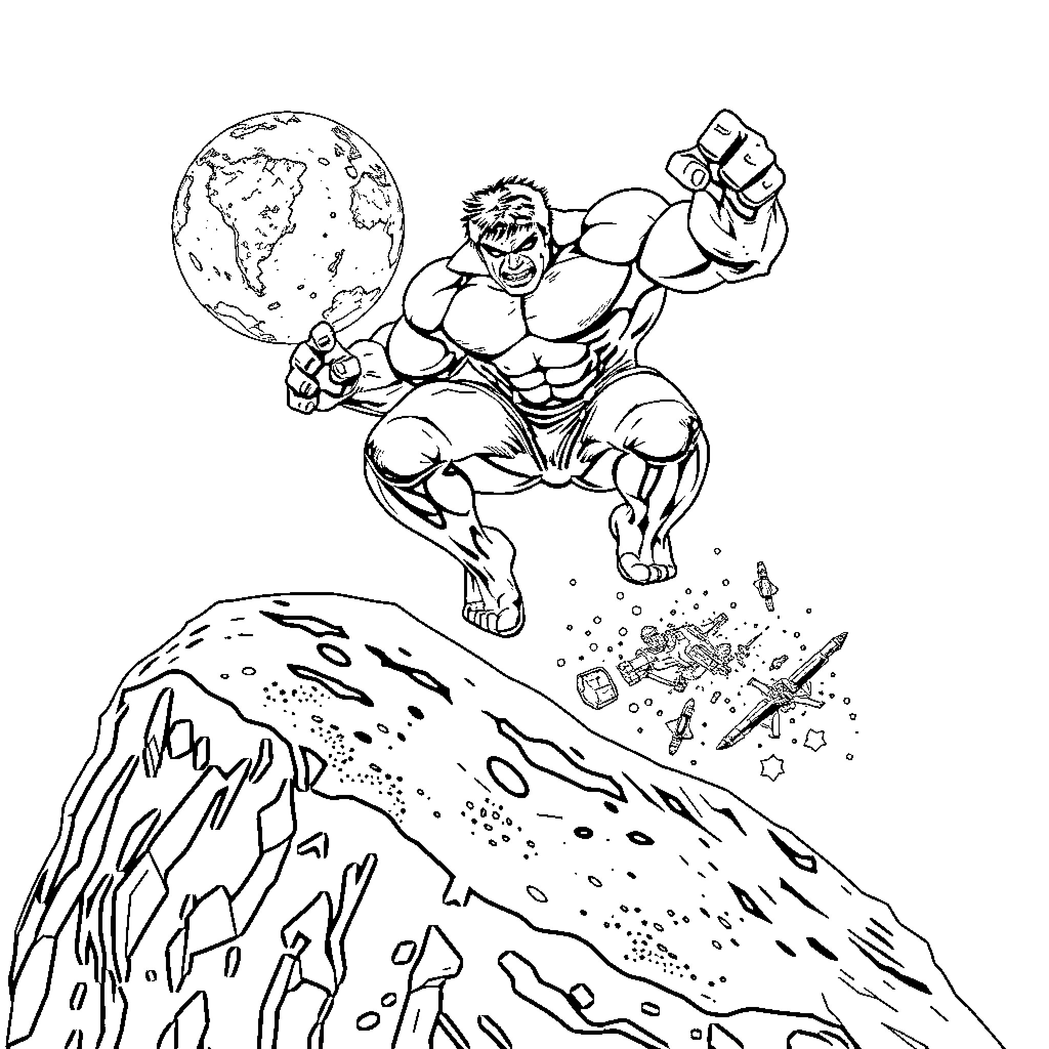 Hulk Smashing Through Rocks and Obstacles Coloring Page (free black-and-white line drawing printable PDF for all, from beginners to advanced learners, including children, teens, adults, and seniors)