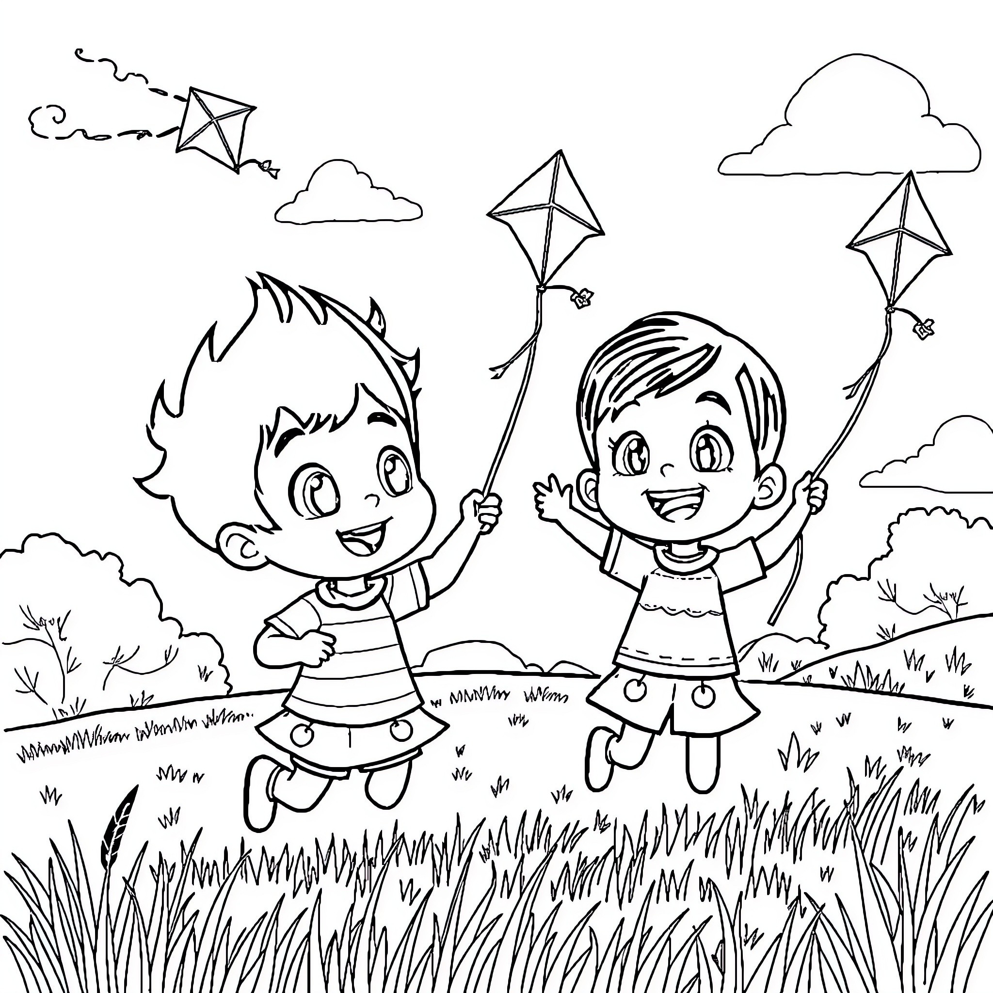Upin Ipin playing joyfully with kites in the field Coloring Page (free black-and-white line drawing printable PDF for all, from beginners to advanced learners, including children, teens, adults, and seniors)
