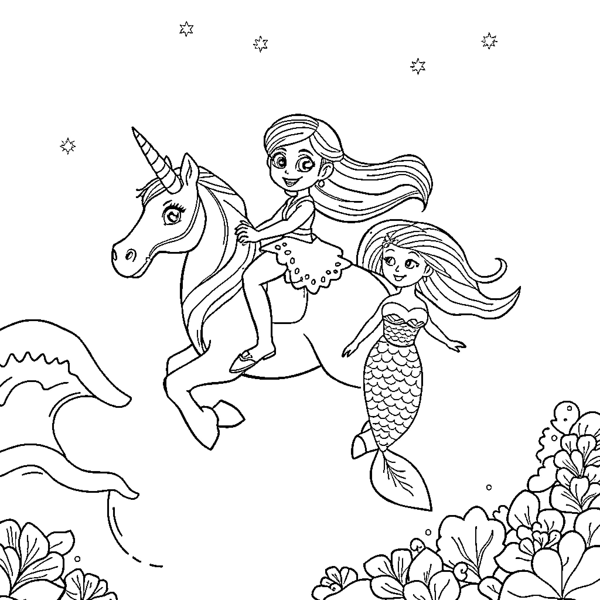 Gabby's magical underwater journey with unicorn and mermaid Coloring Page (free black-and-white line drawing printable PDF for all, from beginners to advanced learners, including children, teens, adults, and seniors)