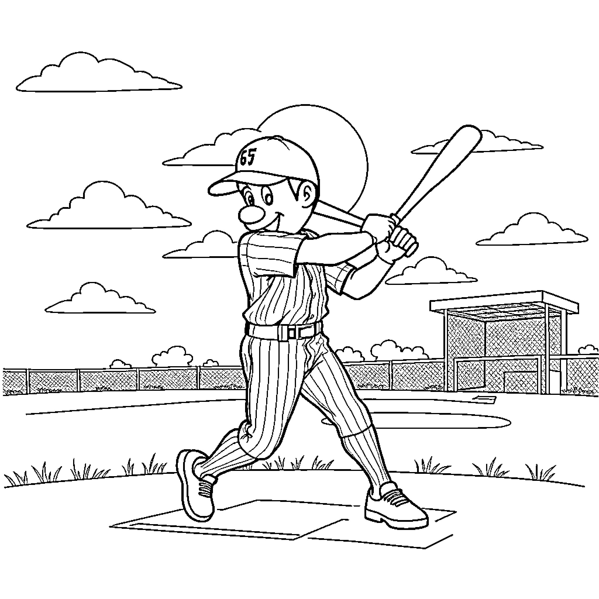 Brainrot: Baseball Player Batting on Field Coloring Page (free black-and-white line drawing printable PDF for all, from beginners to advanced learners, including children, teens, adults, and seniors)
