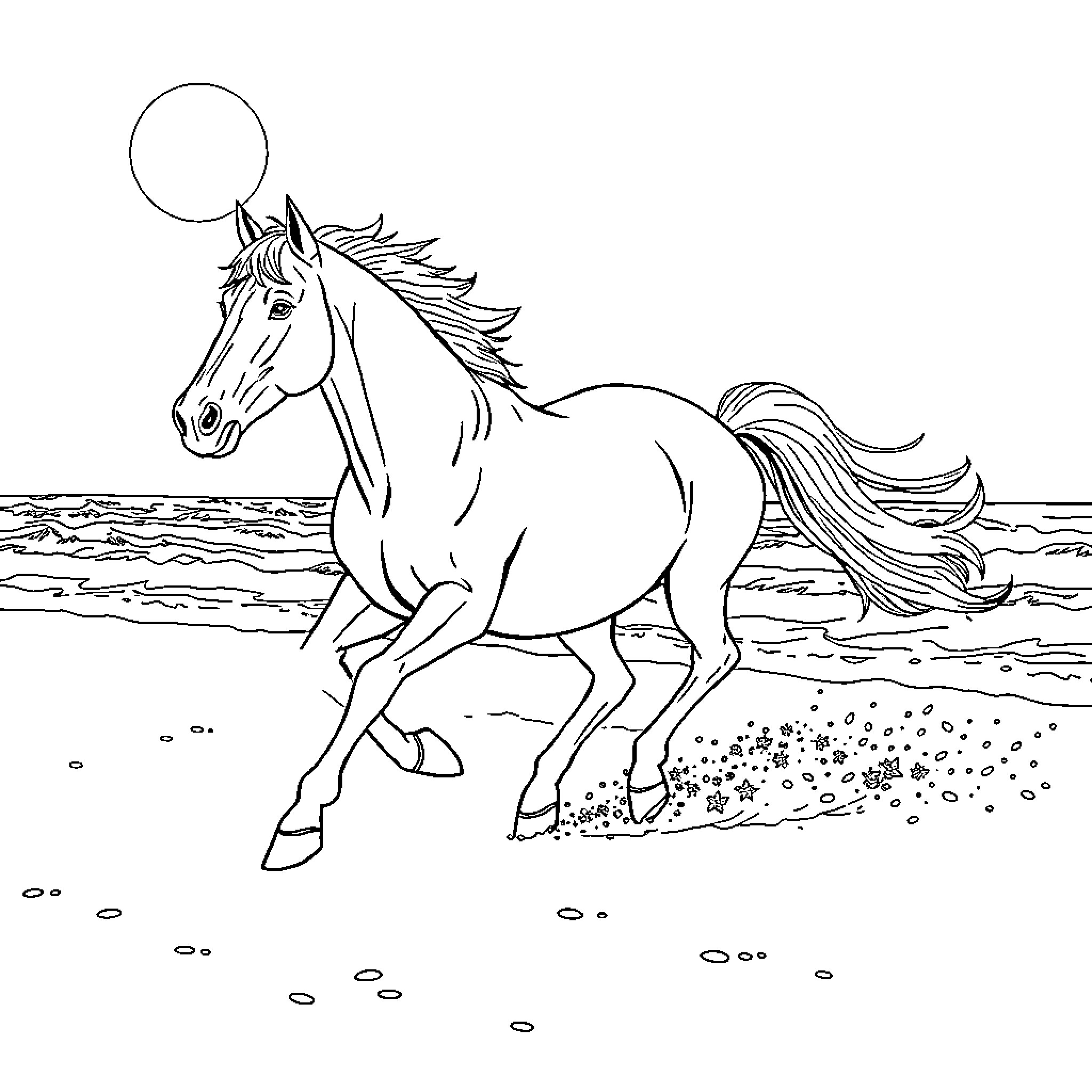Horse galloping joyfully across the open field Coloring Page (free black-and-white line drawing printable PDF for all, from beginners to advanced learners, including children, teens, adults, and seniors)