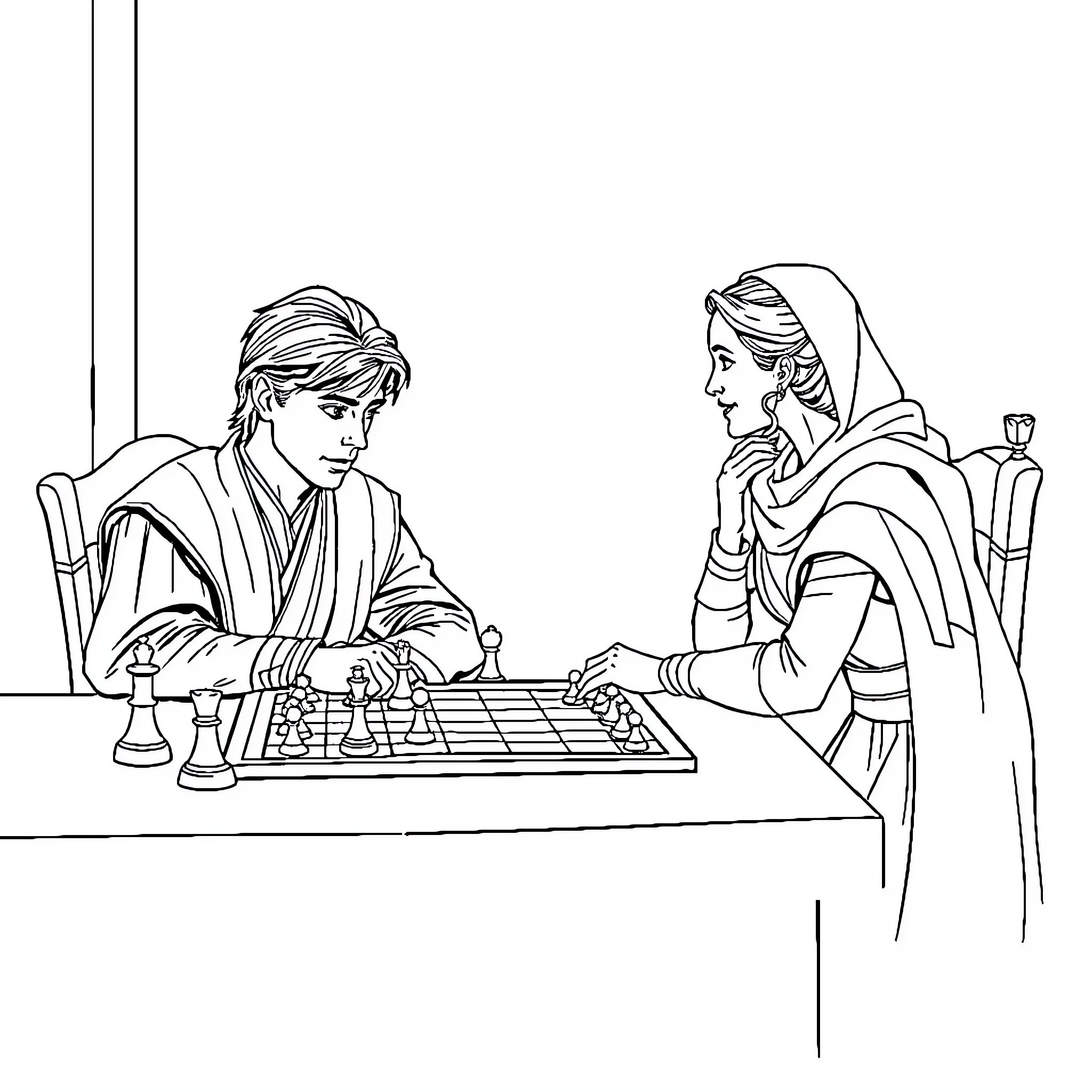 Anakin and Padmé playing chess together Coloring Page (free black-and-white line drawing printable PDF for all, from beginners to advanced learners, including children, teens, adults, and seniors)