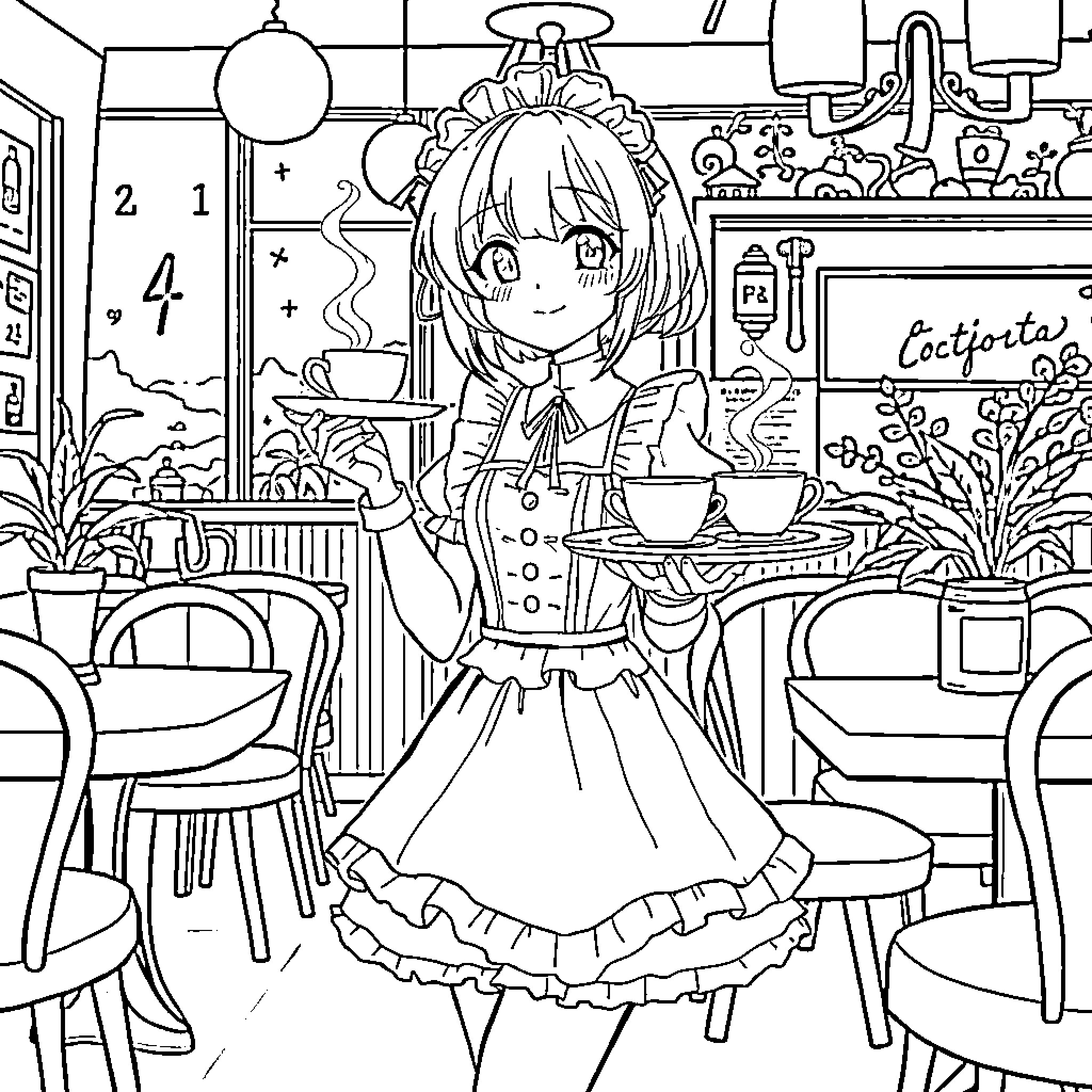 Anime Waifu Serving Tea in a Cozy Cafe Coloring Page (free black-and-white line drawing printable PDF for all, from beginners to advanced learners, including children, teens, adults, and seniors)