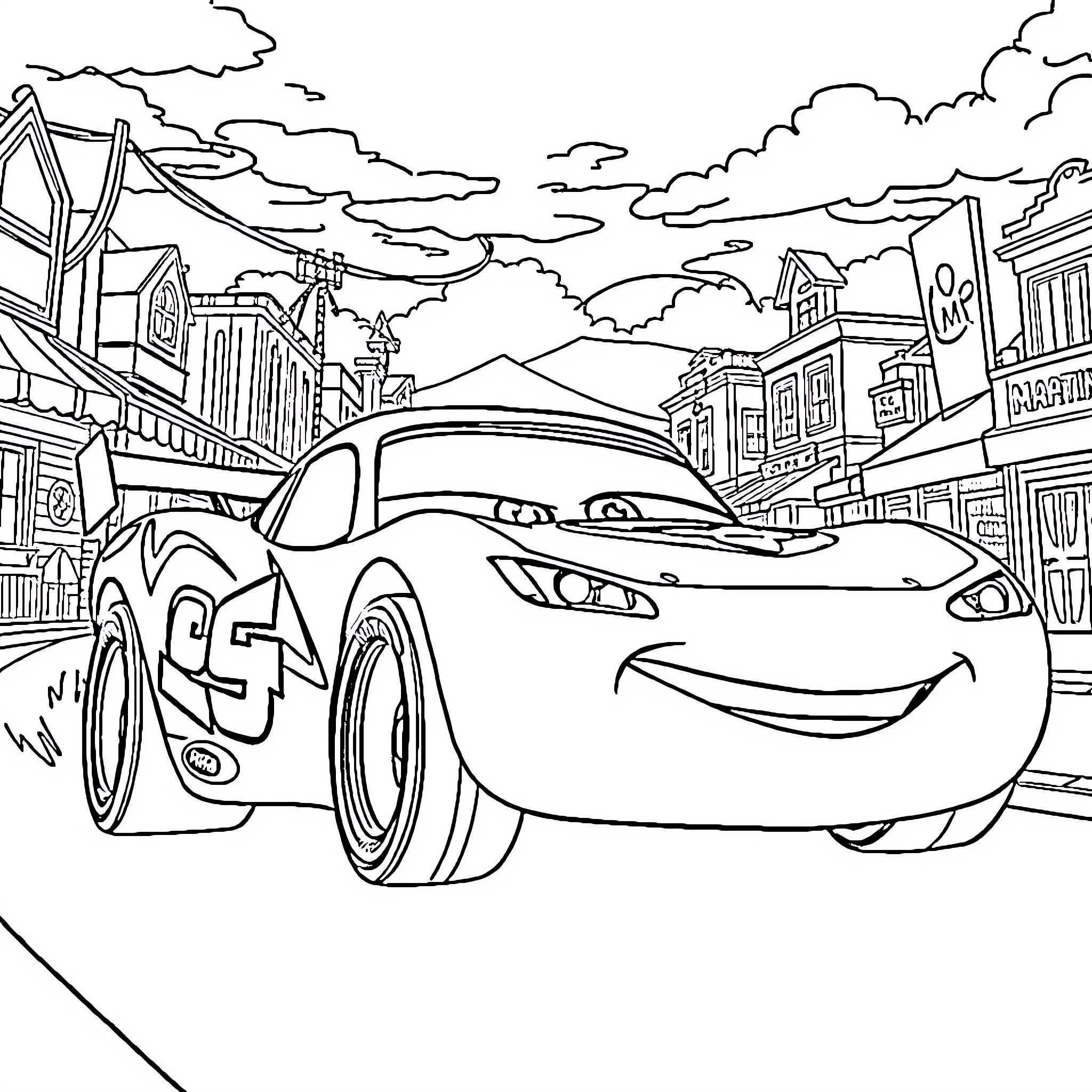 Flash McQueen's Speedy Adventure in the City Coloring Page (free black-and-white line drawing printable PDF for all, from beginners to advanced learners, including children, teens, adults, and seniors)