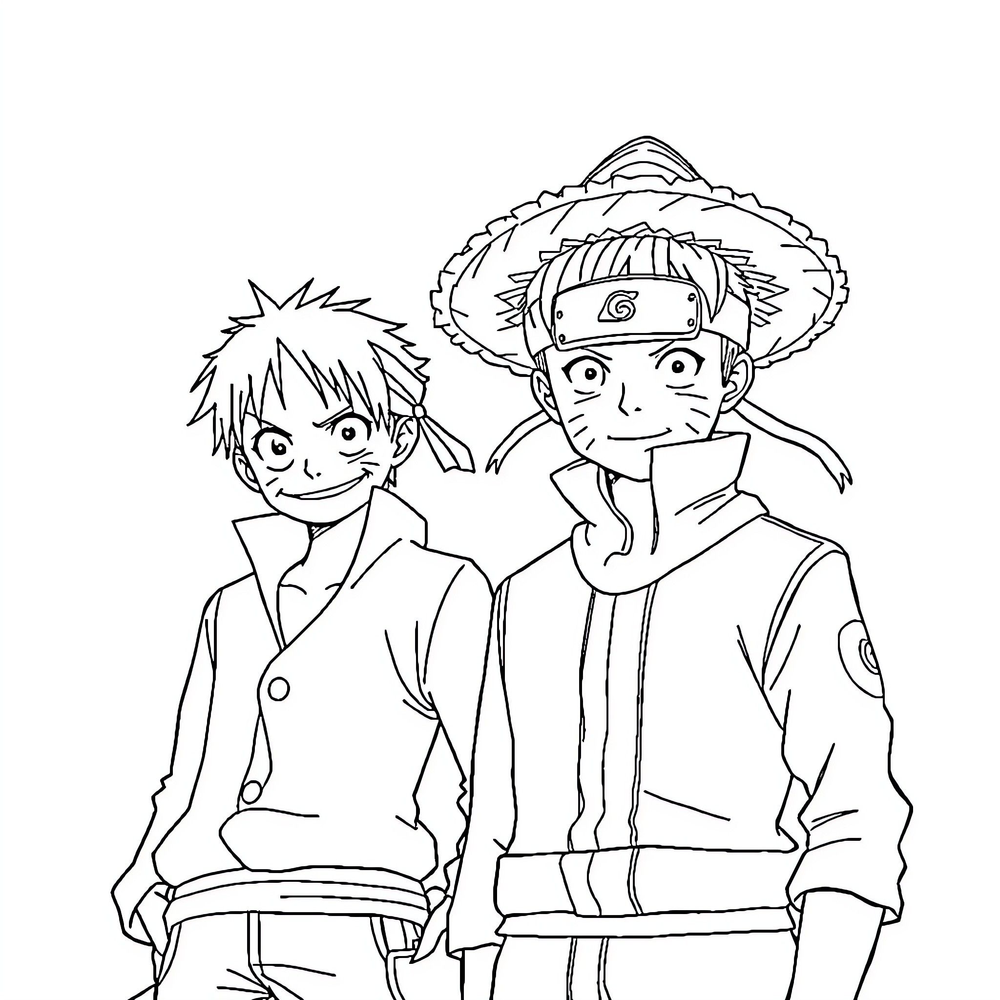 Luffy and Naruto in Anime Adventure Coloring Page (free black-and-white line drawing printable PDF for all, from beginners to advanced learners, including children, teens, adults, and seniors)