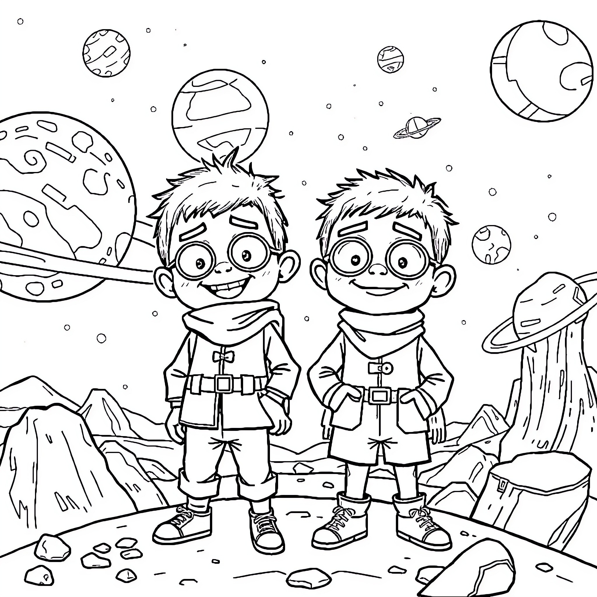 Saja Boys Exploring the Alien Landscape Coloring Page (free black-and-white line drawing printable PDF for all, from beginners to advanced learners, including children, teens, adults, and seniors)