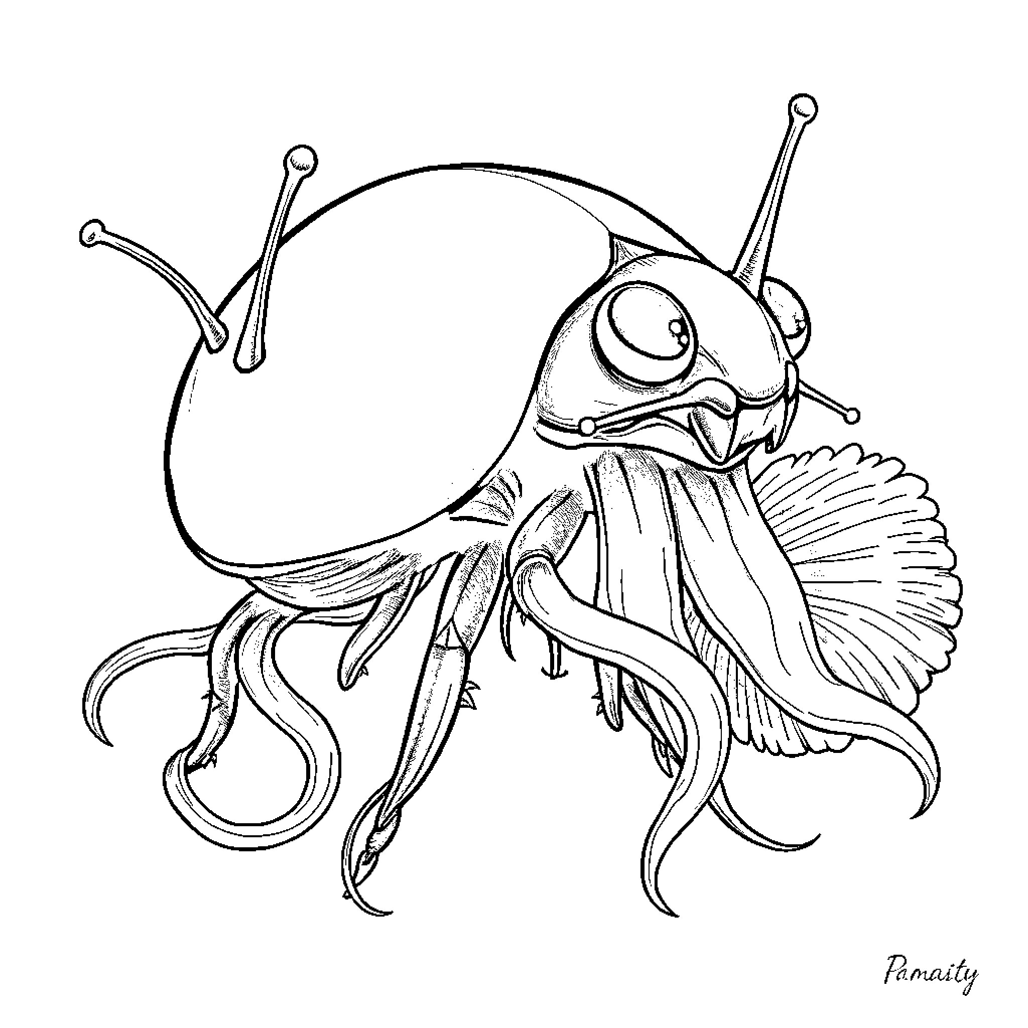 Ladybug-inspired creature with intricate features Coloring Page (free black-and-white line drawing printable PDF for all, from beginners to advanced learners, including children, teens, adults, and seniors)