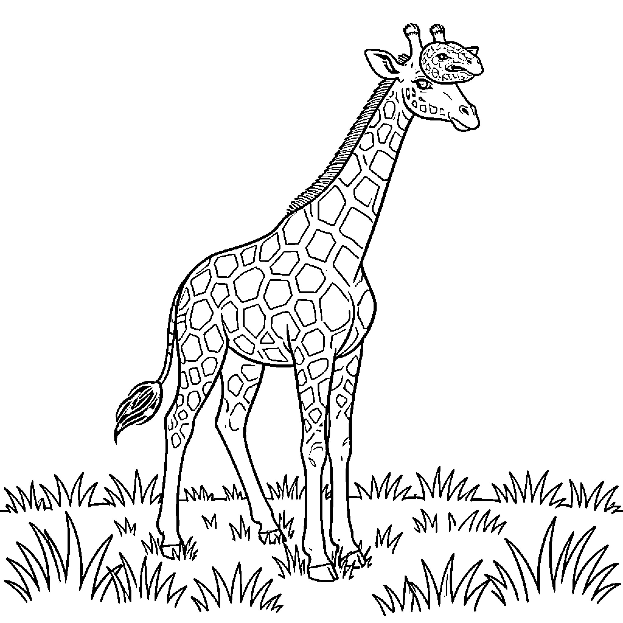 Giraffe standing calmly in a grassy field Coloring Page (free black-and-white line drawing printable PDF for all, from beginners to advanced learners, including children, teens, adults, and seniors)