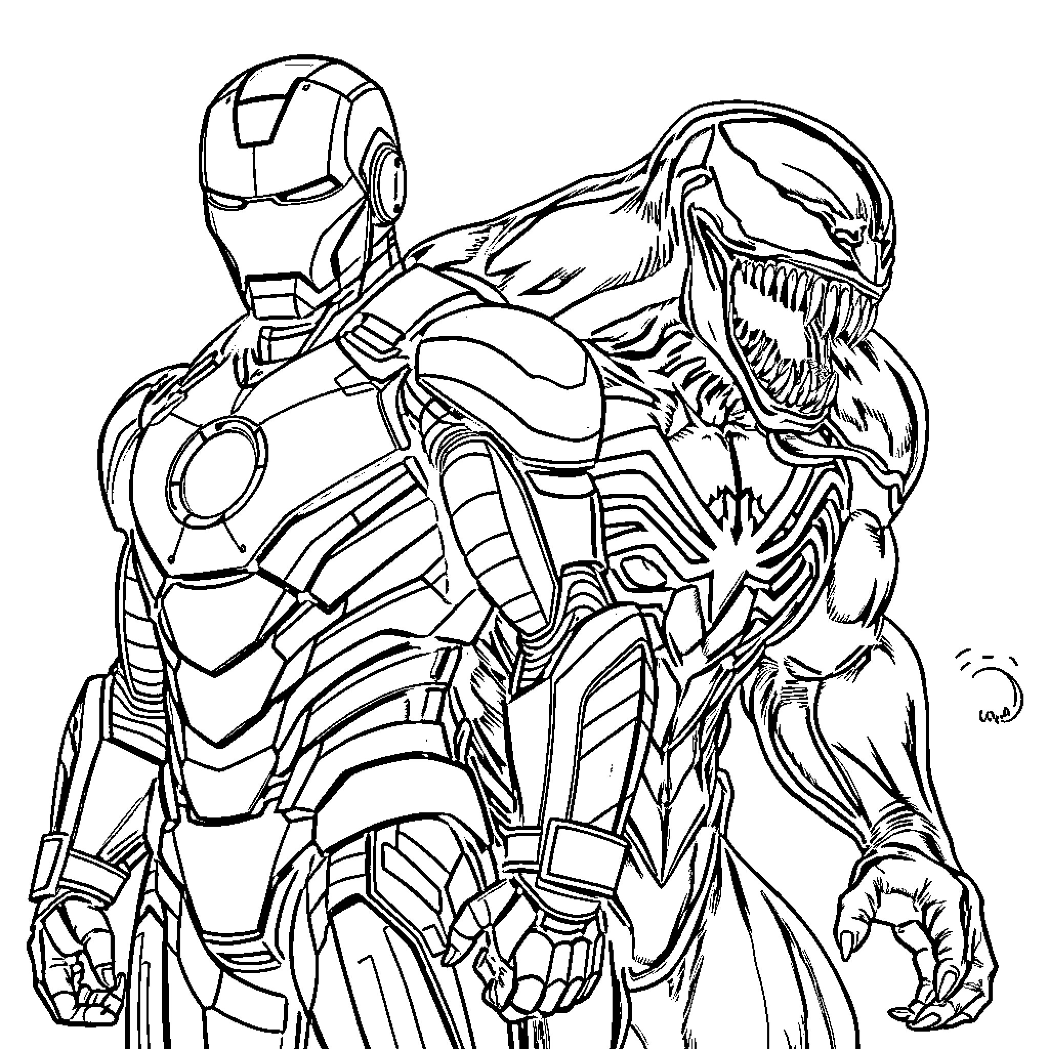Ironman and Venom: Clash of Superheroes Coloring Page (free black-and-white line drawing printable PDF for all, from beginners to advanced learners, including children, teens, adults, and seniors)
